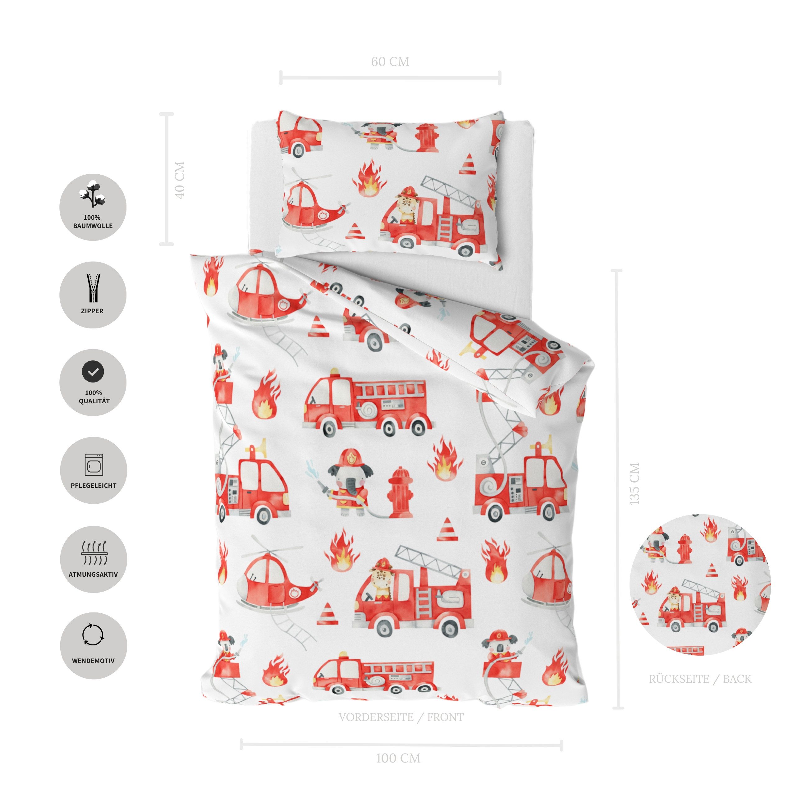 MTOnlinehandel Babybettwäsche Little Hero • 100x135 + 40x60 cm • Feuerwehr, 100% Baumwolle, 2 teilig, Renforcé • Feuerwehrauto • Weiß • Rot