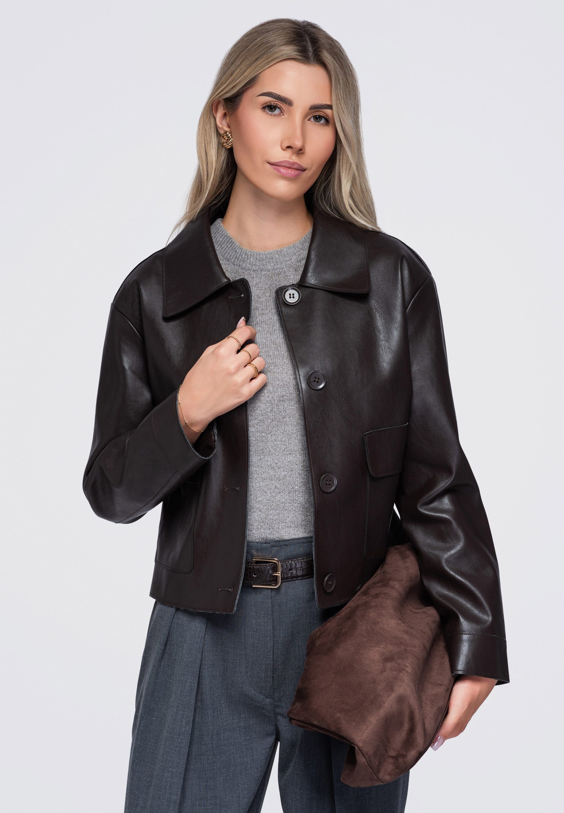 OMBRE Lederimitatjacke Damen Lederimitatjacke mit weitem Kragen und lässigem Schnitt Braun L (kein Set, 1-St) in Unifarbe