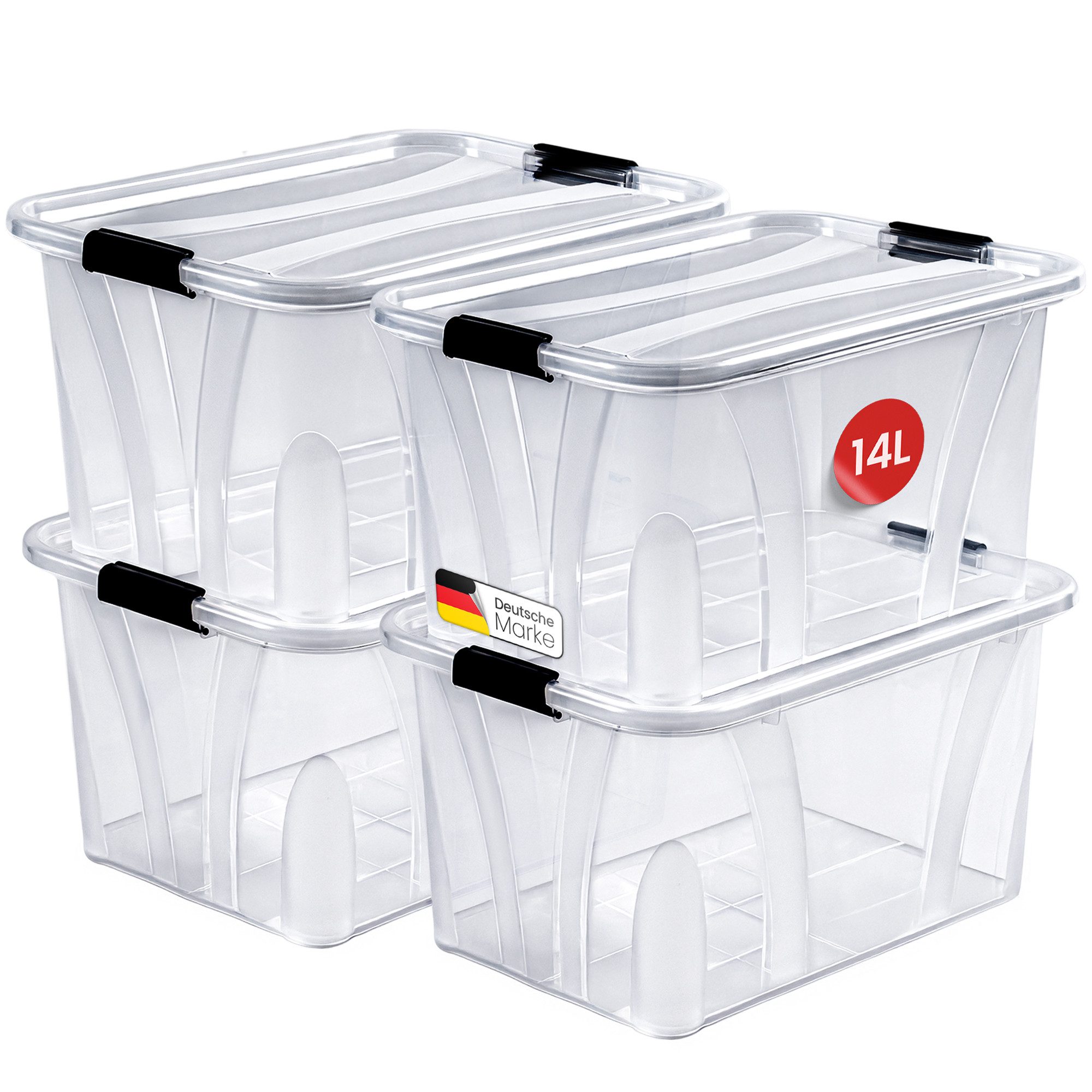 KONZEPT Aufbewahrungsbox Plastikbox mit Deckel Set 4 Stk. 7L /14L Transparent, Stapelbar, Abschließbar, Feuchtigkeitsbeständig, Luftdicht