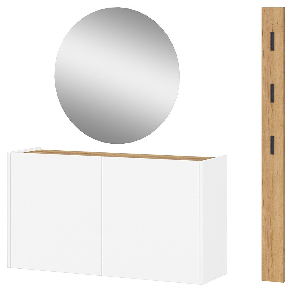 Lomadox Garderoben-Set LAPUA-01, (Spar-Set, 3-St., Garderobenpaneel Garderobenspiegel Schuhschrank), in weiß und Eiche, geringe Tiefe für schmale Flure
