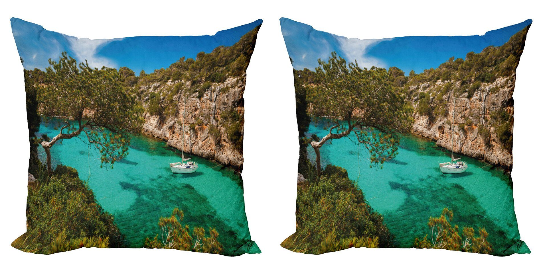 Kissenbezüge Modern Accent Doppelseitiger Digitaldruck, Abakuhaus (2 Stück), Natur Yacht on Sea Scenic View