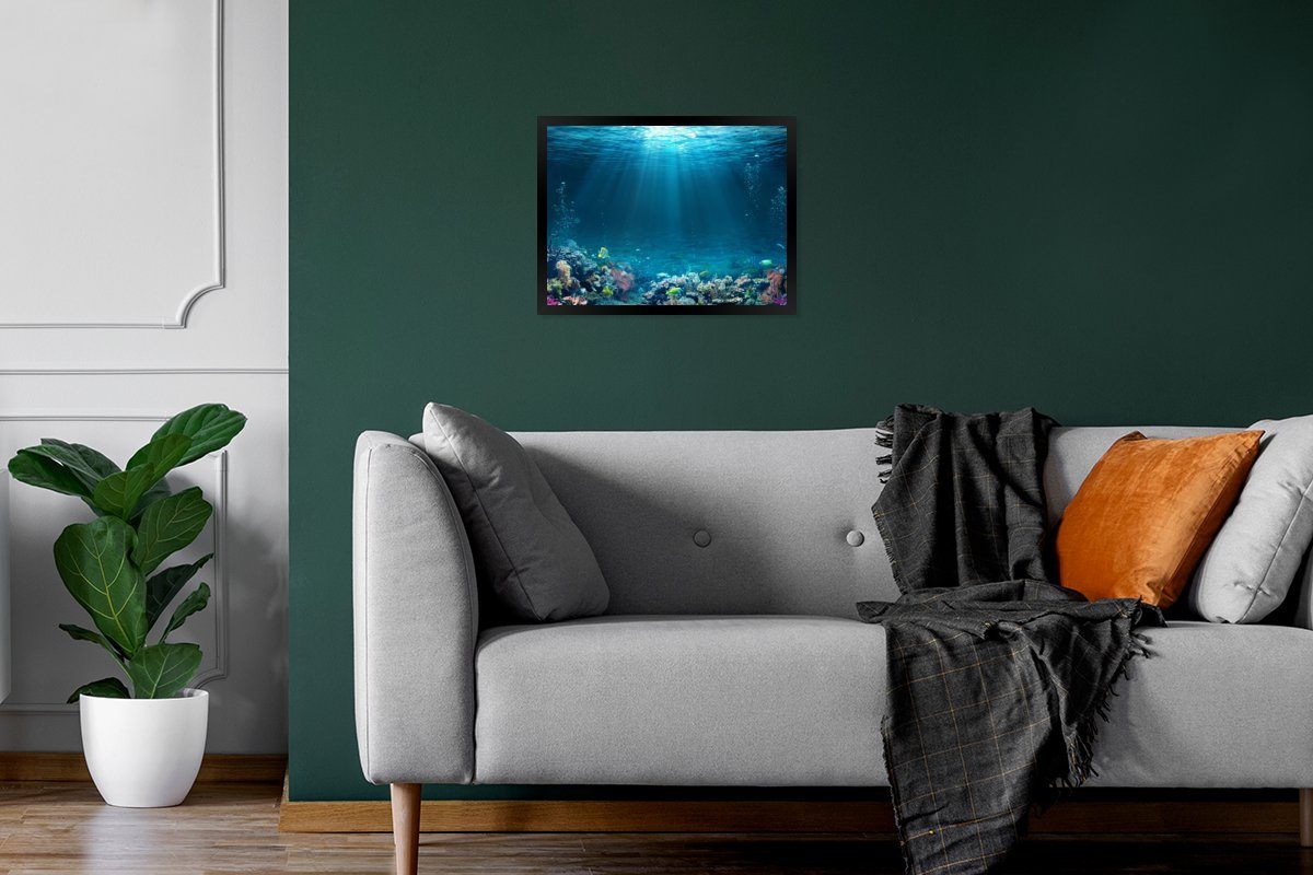 Fische Kunstdruck, Poster mit Gerahmtes MuchoWow Korallen, - - Bilderrahmen Poster, Schwarzem Rahmen, St), (1 Ozean