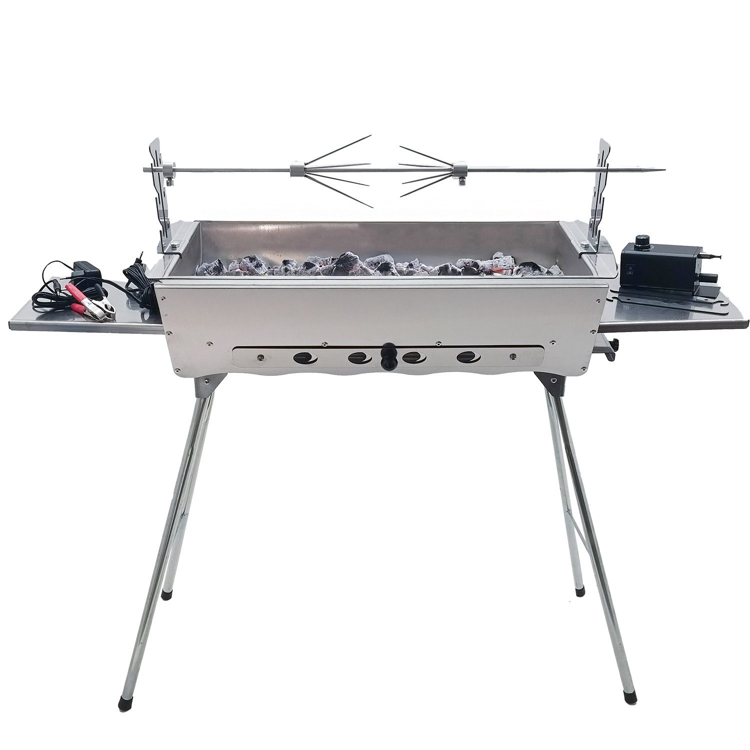 Grillpeter Holzkohlegrill Mangal Ideal Grill Edelstahl 2mm mit Döner Hähnchen Drehspieß Motor