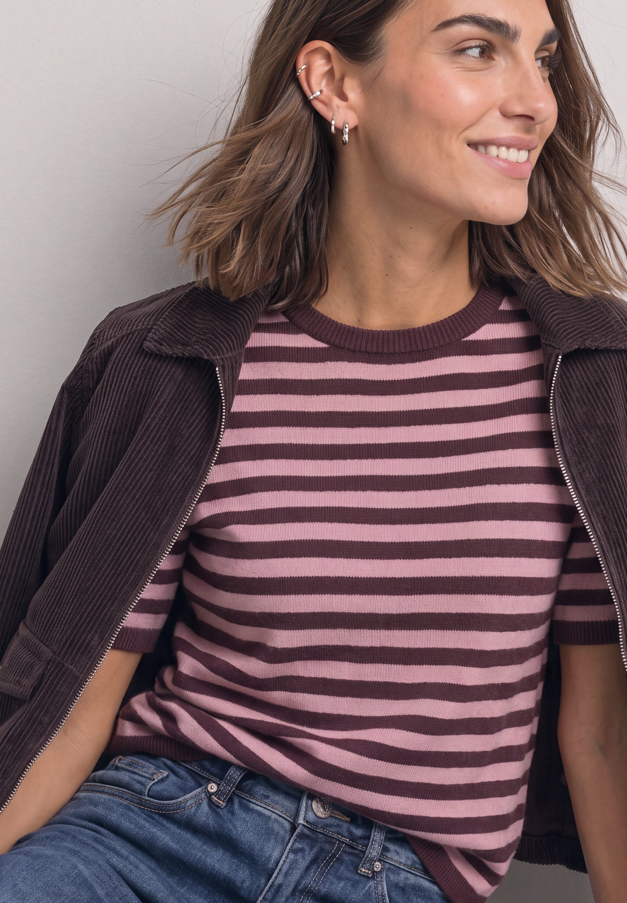 STREET ONE Strickpullover Sommerpullover mit Rundhals und Streifen