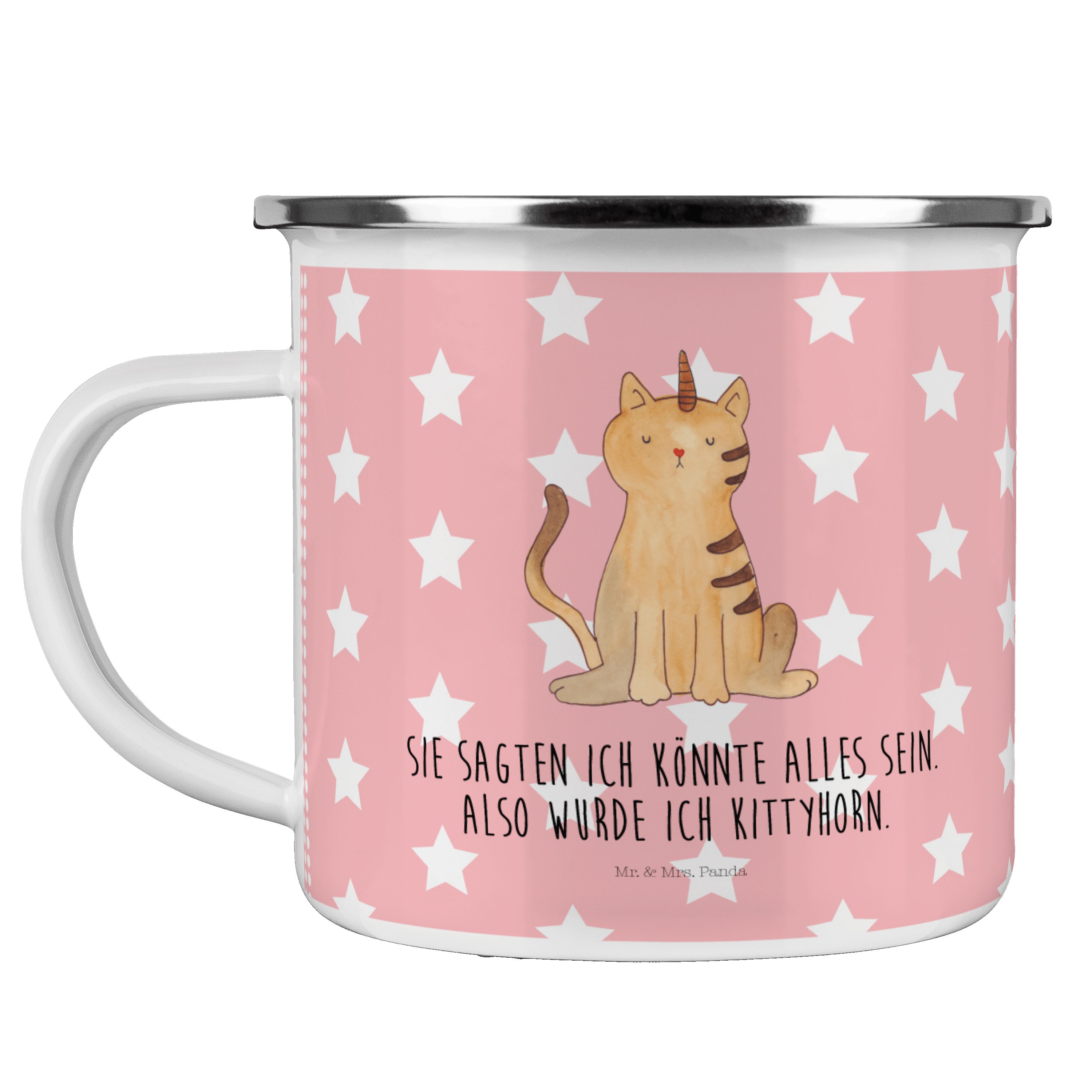 Mr. & Mrs. Panda Becher Einhorn Katze - Rot Pastell - Geschenk, Campingtasse, Emaille Camping, Emaille | Becher