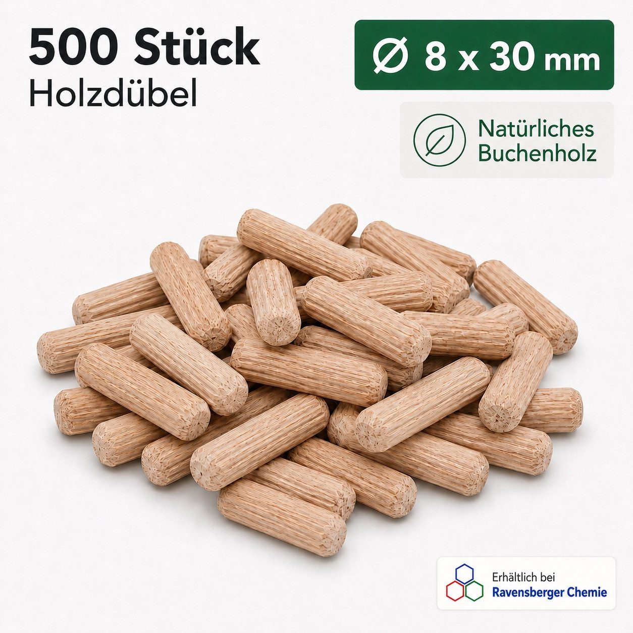 STONE Holzdübel Riffeldübel aus Buche Ø 8 mm - 500 Stück, 8 x 30 mm, FSC Dübel nach DIN 68150 für Möbelbau, Innenausbau & Holzverbindungen