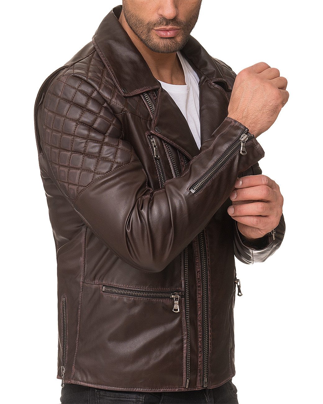 Reichstadt Lederjacke Herren Regular Fit Kunstleder Gunmetal Zipper RS007 PU Gesteppter Schulter- und Rückenbereich