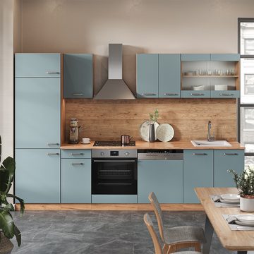 Livinity® Küchenzeile R-Line, Blau-Grau/Goldkraft Eiche, 300 cm, AP Eiche
