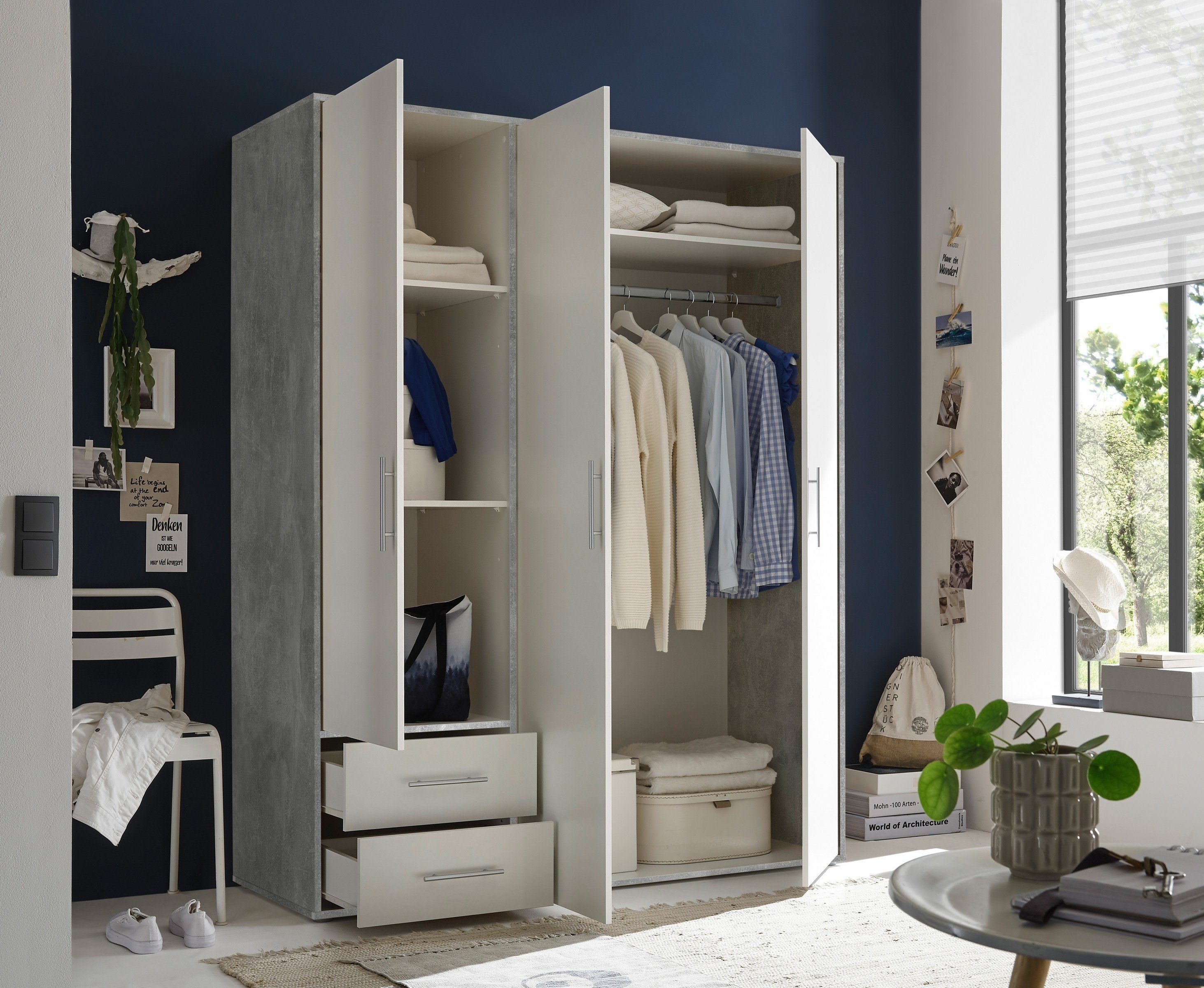 Pol-Power Kleiderschrank in Beton Optik / Weiß mit 2 Schubladen und 3 Türen (BxHxT: 155x195x60 cm)