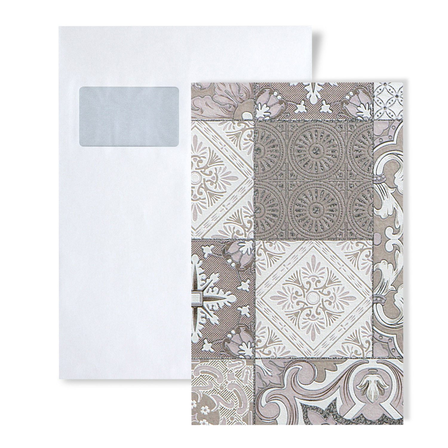Edem Küchentapete 1 MUSTERSTÜCK S-87001BR13 DIN A4 MUSTER der Tapete, grafisch, Metall-Effekte, ornamental, Ethnomuster, Fliesen-Optik, (1 Musterblatt, ca. A5-A4), beige, taupe, weiß, silber