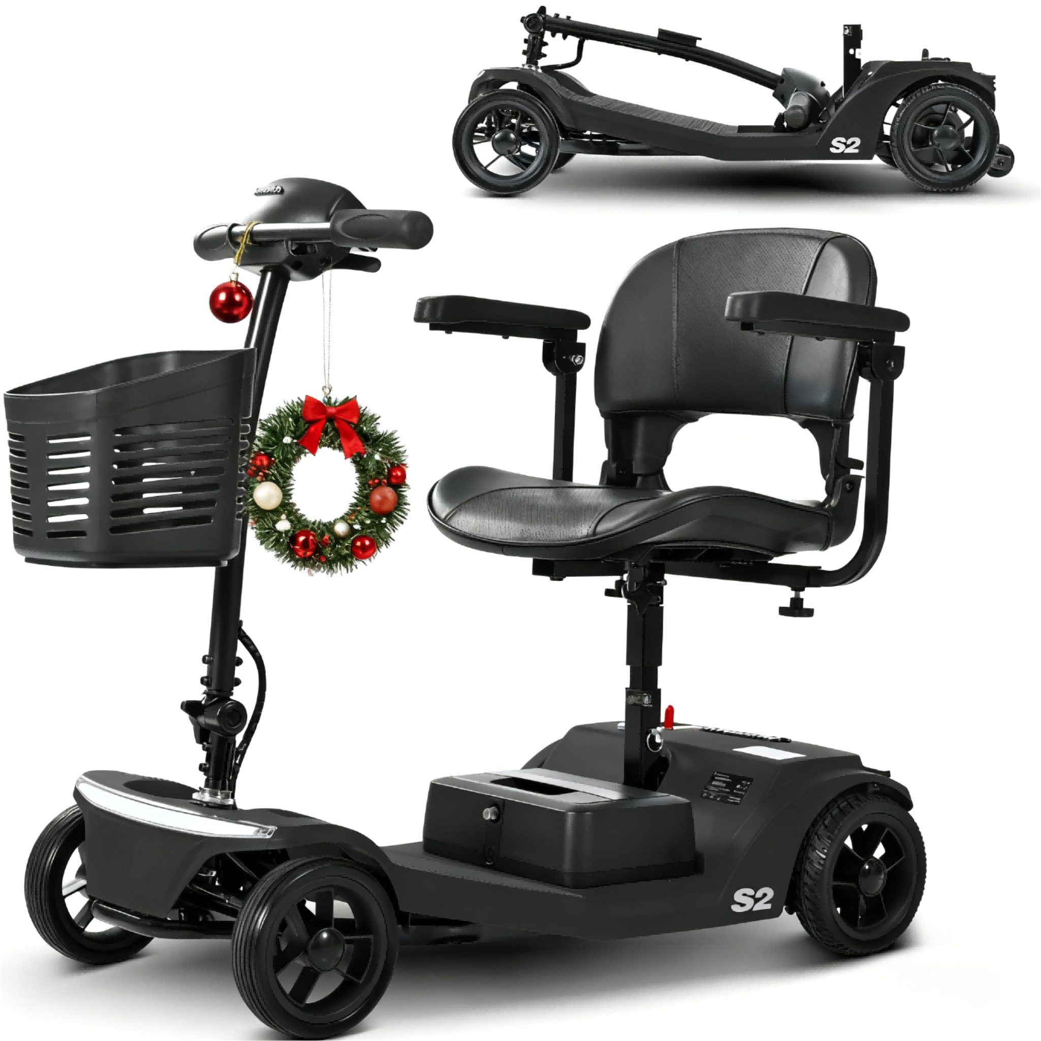 LVHOM Elektromobil faltbarer 4-Rad-Scooter, abnehmbar 12Ah, 136 kg Tragkraft, 250 W, (USB-Ladeanschluss + Vorderer Aufbewahrungskorb + Atmungsaktiver Höhenverstellbarer Sitz + verstellbarer Lenker + XXL-Fußraum), Gesamtgewicht: 37kg