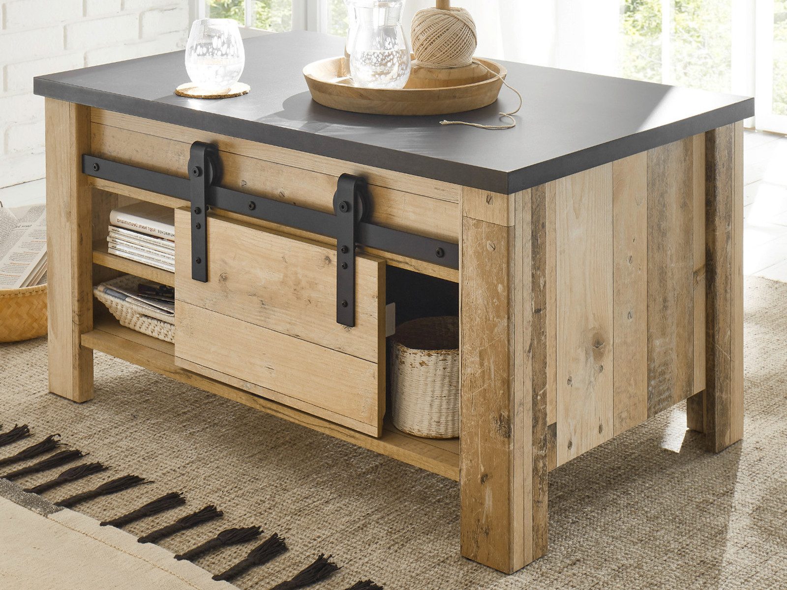 Furn.Design Couchtisch Stove (Wohnzimmertisch in Used Wood, 90 x 60 cm), mit Schiebetür