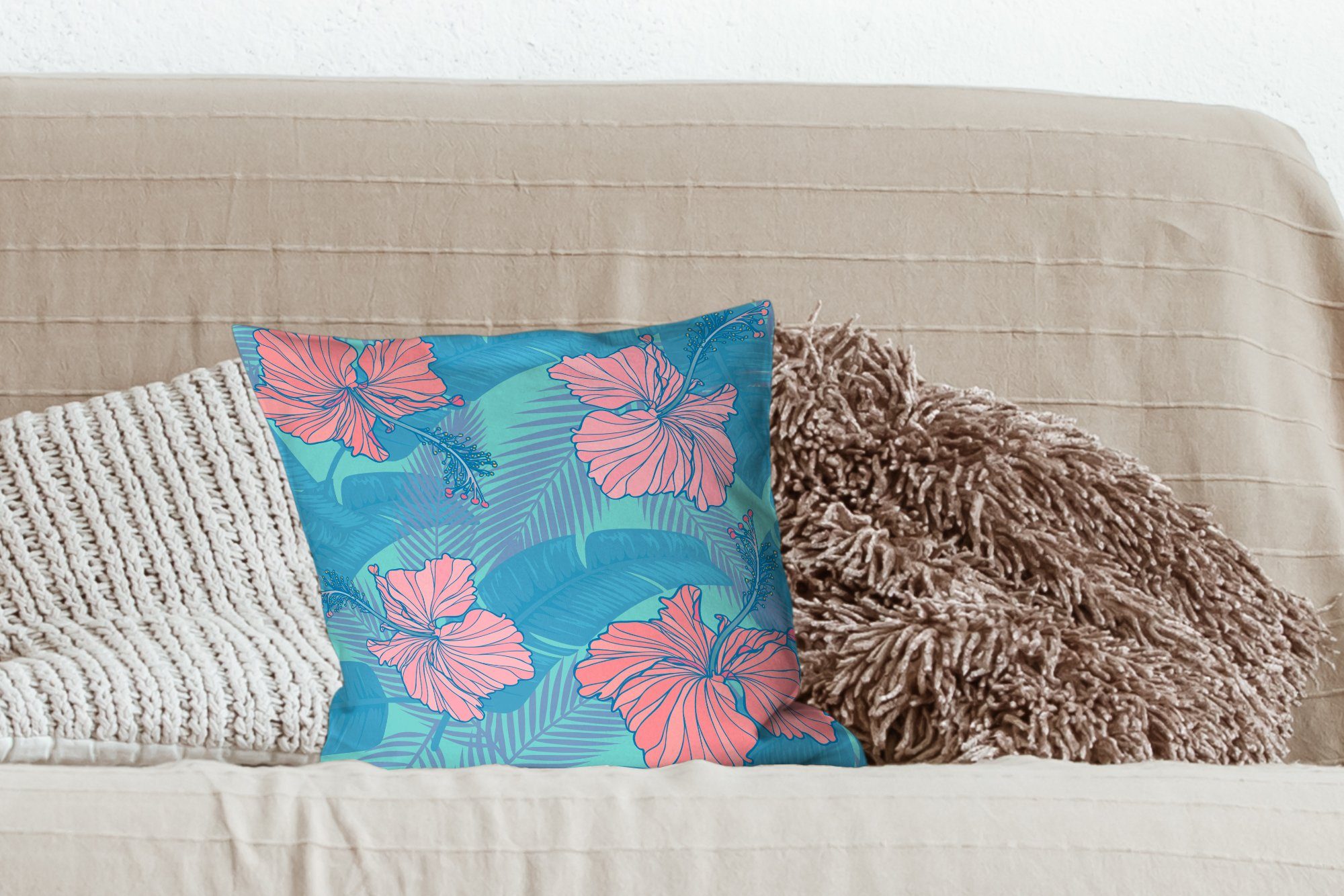 Blumenmusters, tropischen Zierkissen Deko, Schlafzimmer, mit MuchoWow für Füllung Wohzimmer, Sofakissen Illustration Dekokissen eines