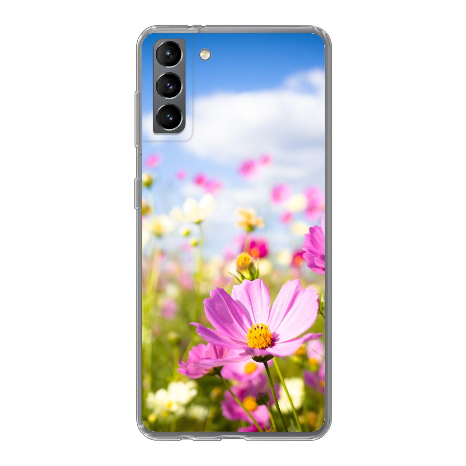 MuchoWow Handyhülle für Samsung Galaxy S21 Plus Blumen - Wiese - Lila - Gras - Weiß - Wolk, Phone Case, Silikon, Schutzhülle Dünn
