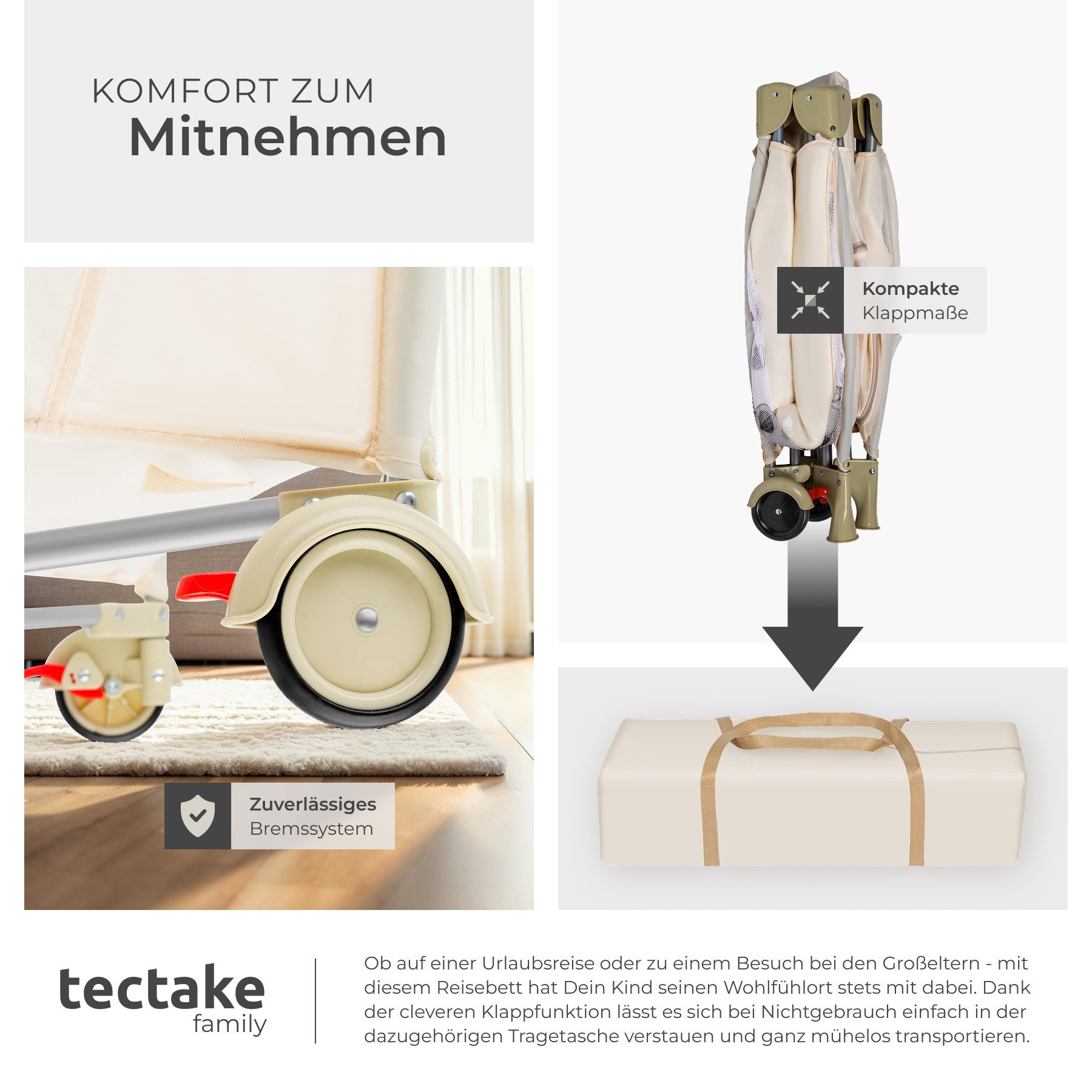 tectake Baby-Reisebett Kinderbett mit Wickelauflage und Transporttasche 132x75x104cm, mit großen Mesh-Einsätzen, Wickelauflage und Seiteneingang in beige – Bild 5 von 5