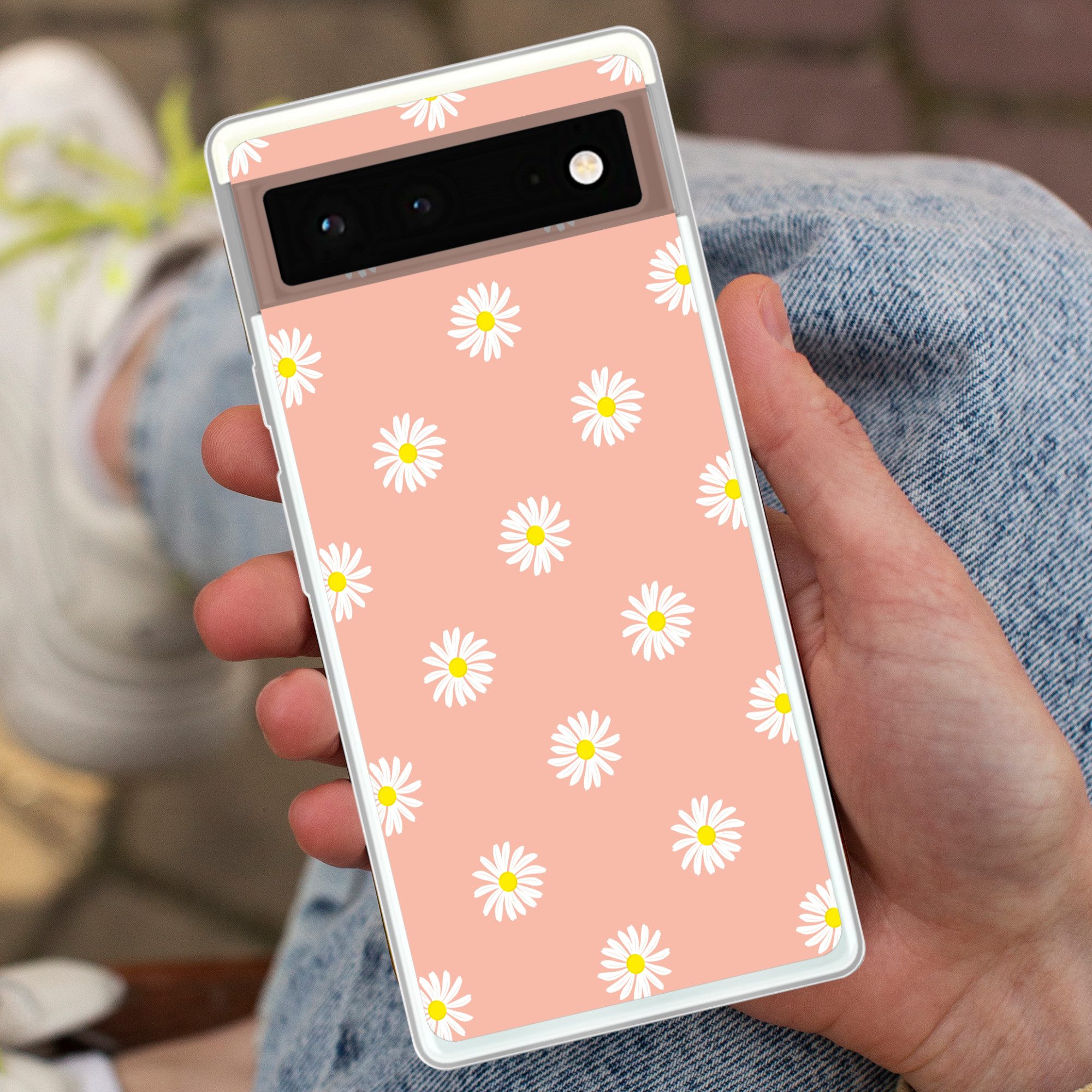 MuchoWow Handyhülle für Google Pixel 6 Gänseblümchen - Pastell - Weiß - Rosa - Blumendruck, Handy Case, Silikon, Bumper Case Dünn