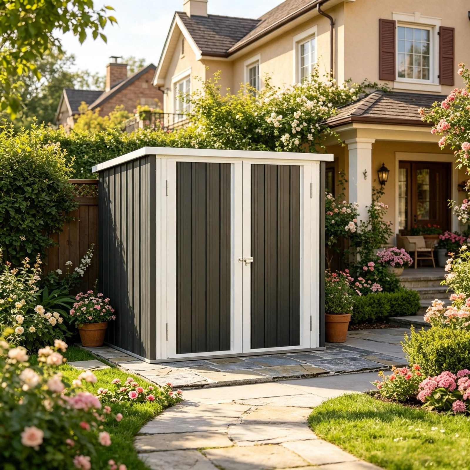 Blossom Gerätehaus Gartenhaus 147×86×134 cm Geräteschuppen Metall mit Doppeltür Schloss, BxT: 147x86 cm, (Schiebetüren, Satteldach und Belüftung, verzinktem Stahlrahmen), wetterfester Gartenschuppen für Garten Terrasse, Werkzeuglager Shed