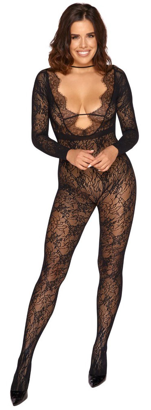 Fantasy by Cottelli Collection Bodystocking Langarm-Bodystocking ouvert in Spitzenoptik - schwarz (1 St) Einladend ouvert im Schritt