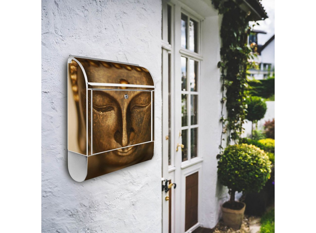 Thumbnail - banjado Wandbriefkasten Stahl Buddha Gold (Wandbriefkasten witterungsbeständig, pulverbeschichtet, mit Zeitungsfach), 39...