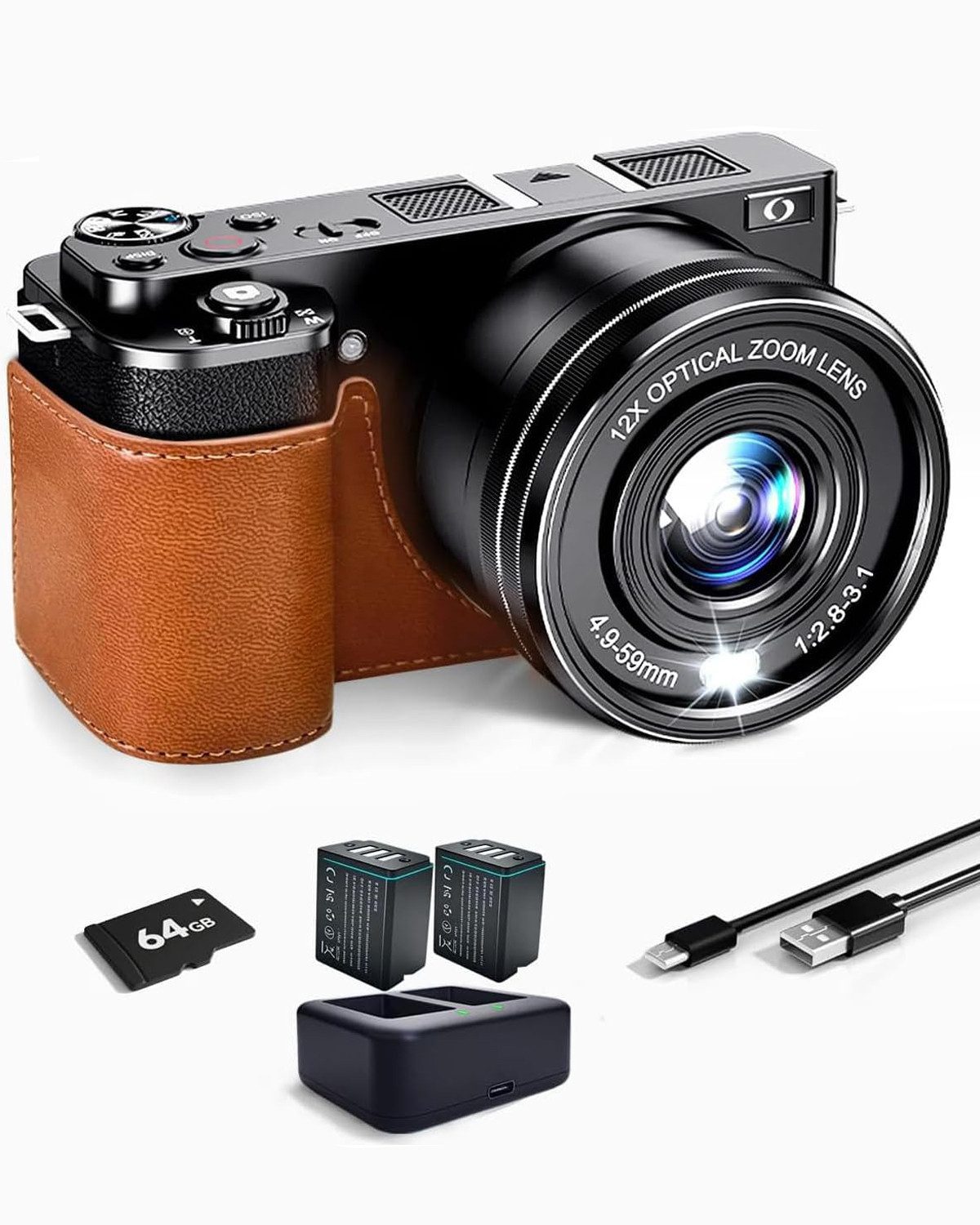 HT Kompaktkamera (64 MP, 12x opt. Zoom, Digitalkamera 4K 64MP Fotokamera für Einsteiger Hobbyfotograf)