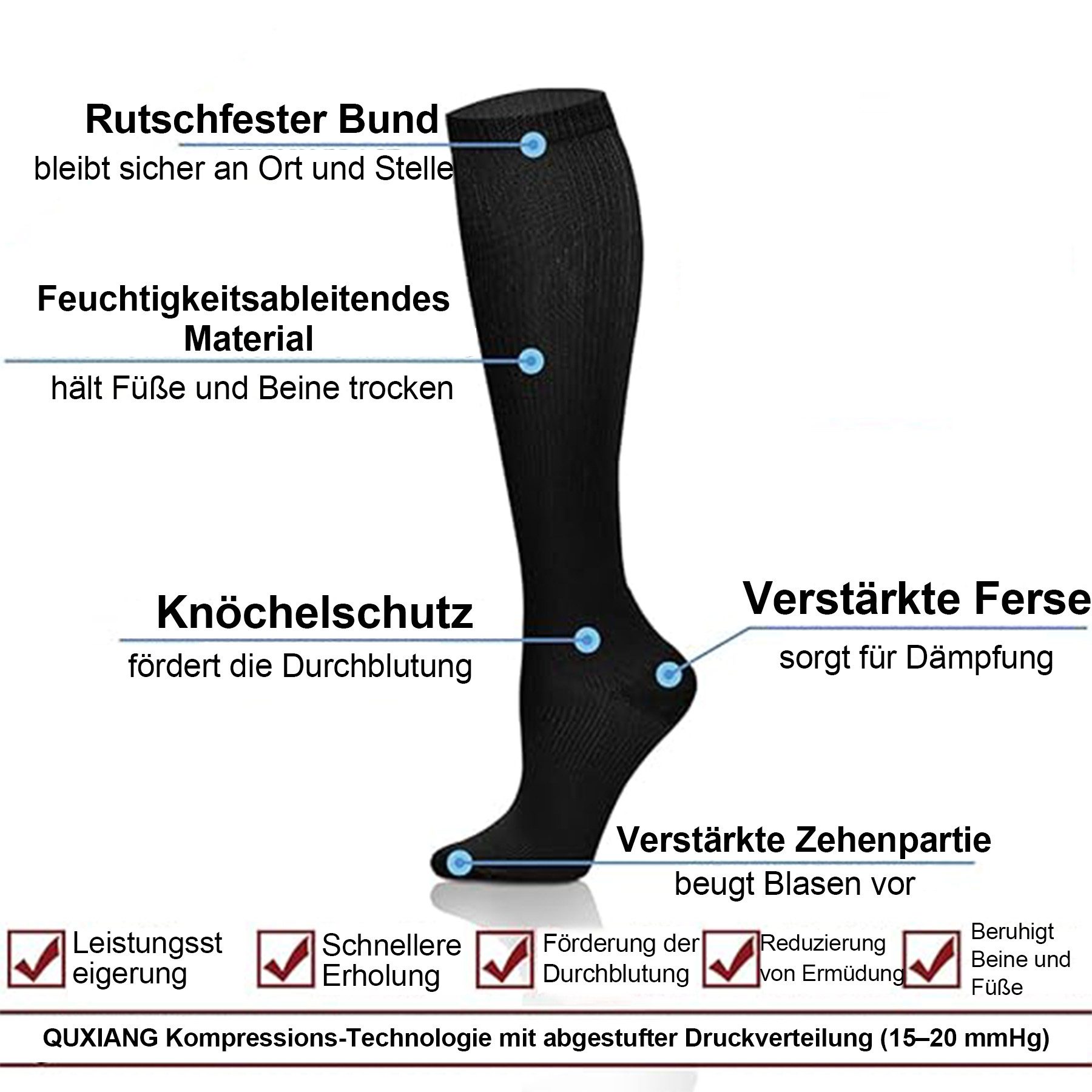 Mutig Kompressionsstrümpfe 6 Paar Kompressionsstrümpfe Laufsocken Kniestrümpfe Stützstrümpfe (Reisestrümpfe Kompressionsstrümpfe Damen & Herren, 15-20mmHg Stütz – Bild 4 von 5