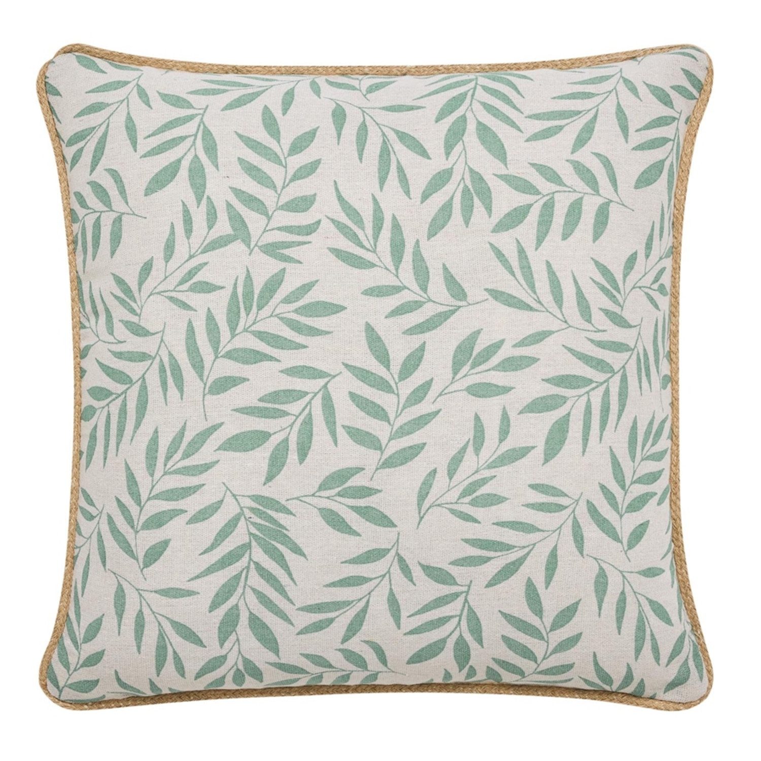 Macosa Home Dekokissen Kissen 45 x 45 cm Beige Grün Blätter Bauwolle Jute, mit Paspel, Reißverschluss inkl. Füllung