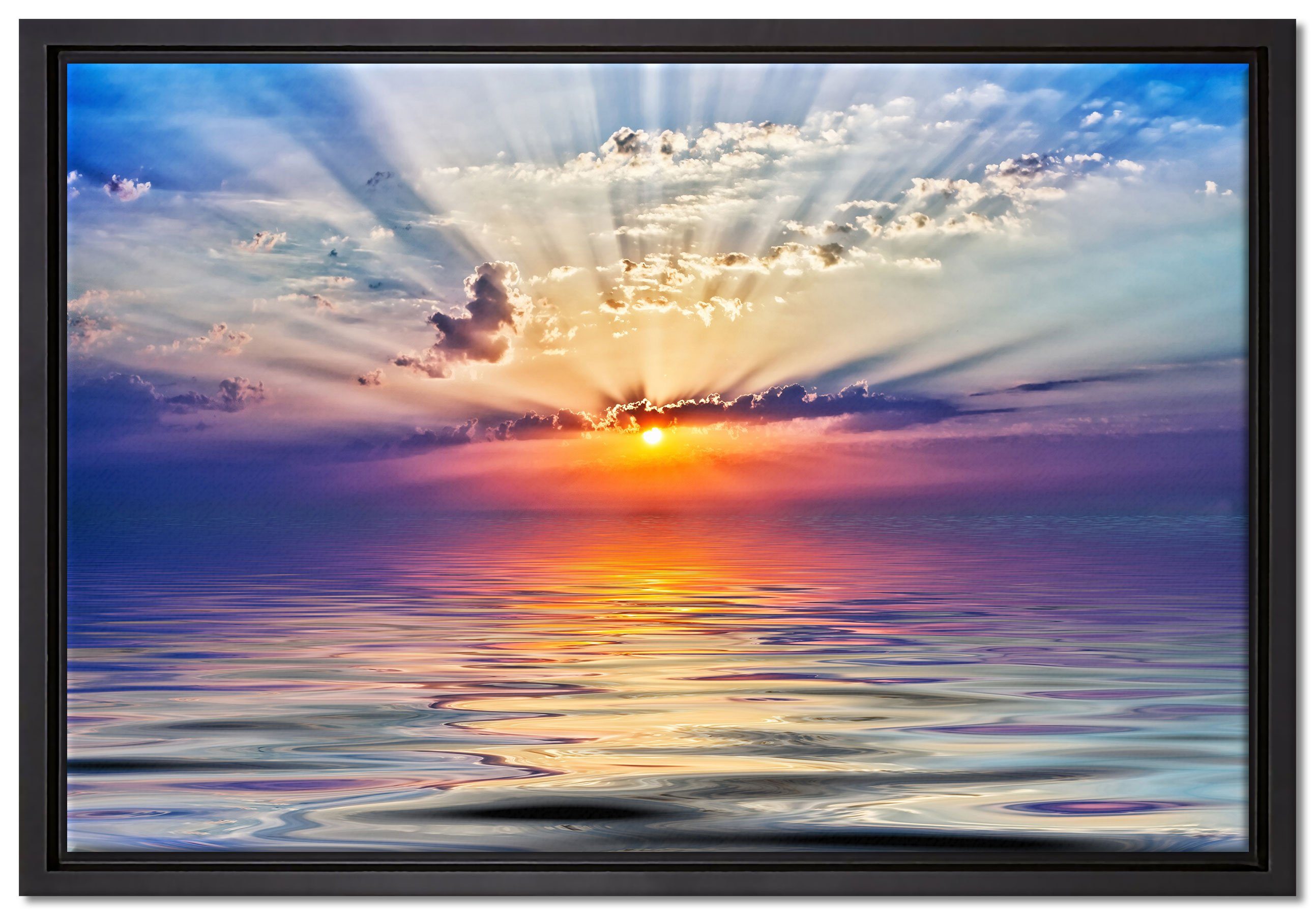 Pixxprint Leinwandbild Sonnenaufgang im Meer, Wanddekoration (1 St), Leinwandbild fertig bespannt, in einem Schattenfugen-Bilderrahmen gefasst, inkl. Zackenaufhänger