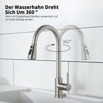 aihom Küchenarmatur Ausziehbar Küche Wasserhahn mit 360° Schwenkbar mit 3 Modus Spültischarmatur,Edelstahl