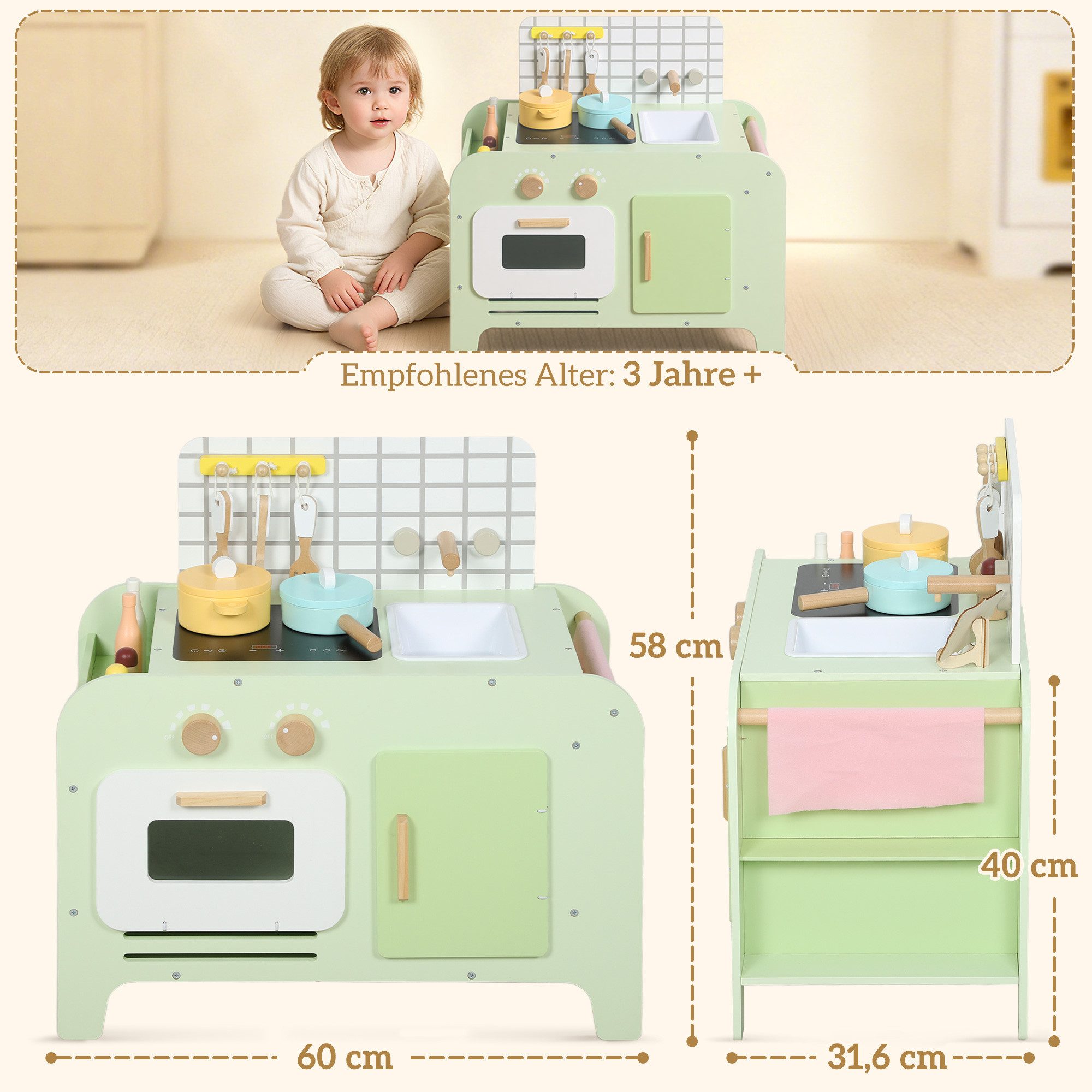 AIYAPLAY Spielküche mit Mikrowelle, Spüle und Zubehör MDF, Spielzeug für Kinder Geschenk für Mädchen Jungen ab 3 Jahren Grün