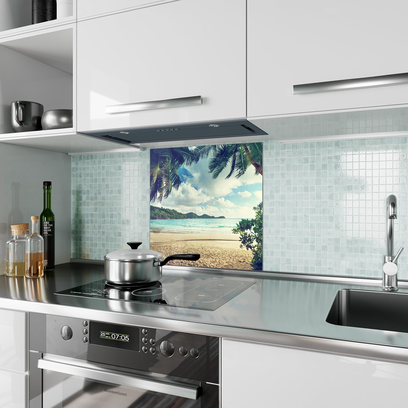Spritzschutz Küchenrückwand mit Motiv Küchenrückwand Primedeco im Sonnenuntergang Paradies Glas
