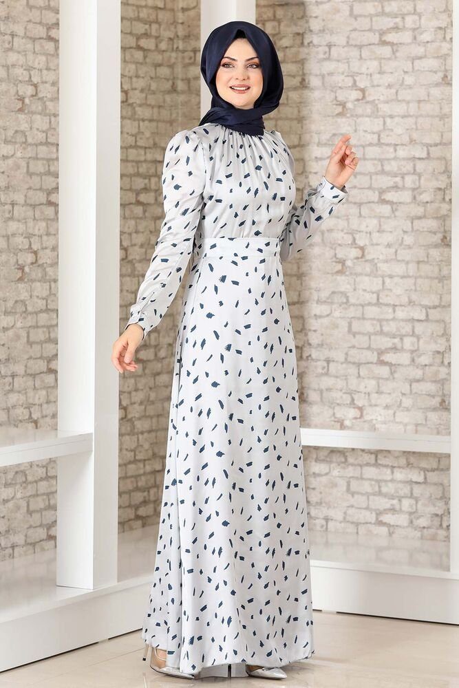 Modavitrini Satinkleid Abendleid gemustertes Kleid Hijab Mode Abiye Abaya aus Satin Grau | Sommerkleider