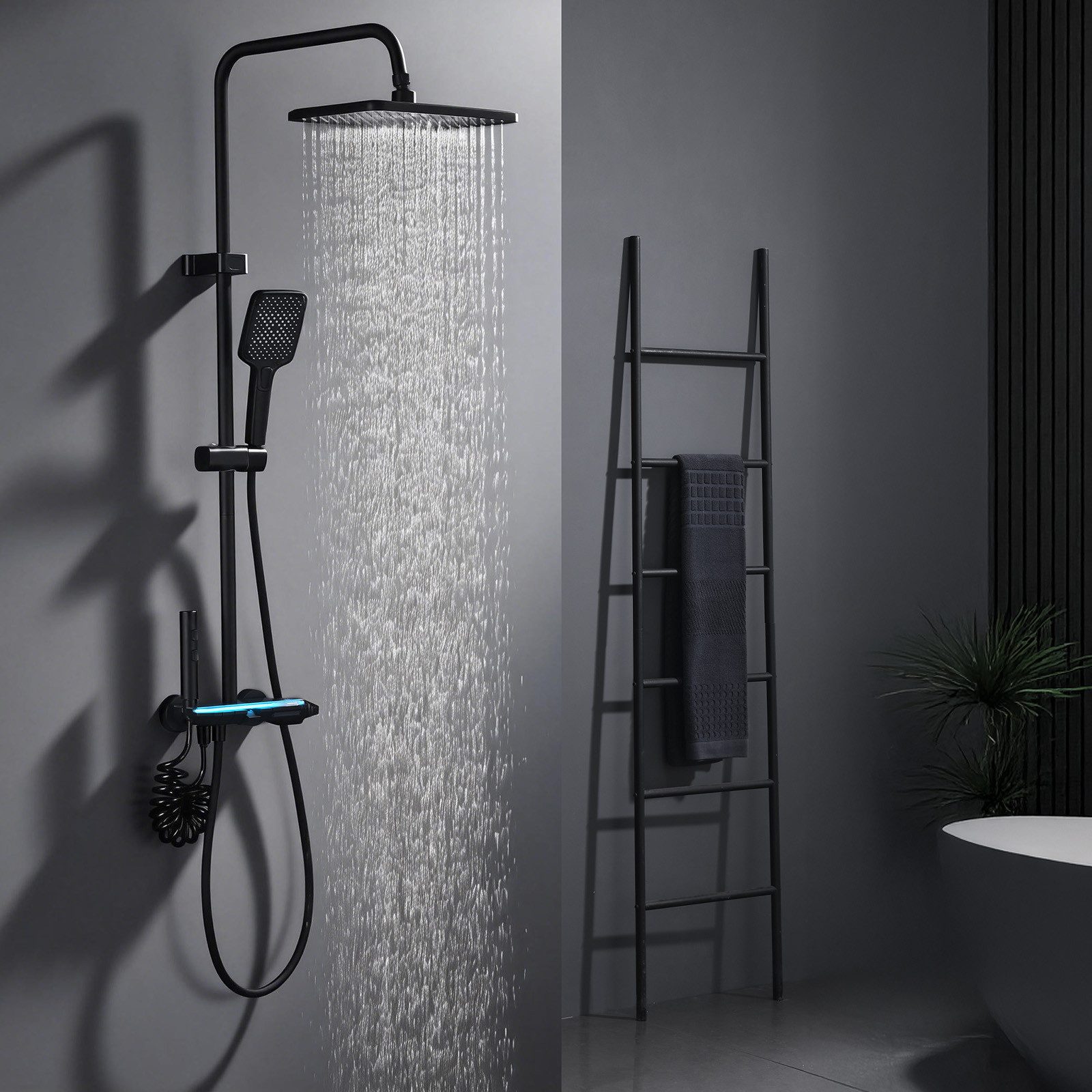 HOMELODY Duschsystem Duschsäule Massagedusche, Regendusche, mit Ambiente-Licht, 3 Strahlart(en), Set, mit Handbrause, Wasserfallauslauf, höhenverstellbar, Schwarz