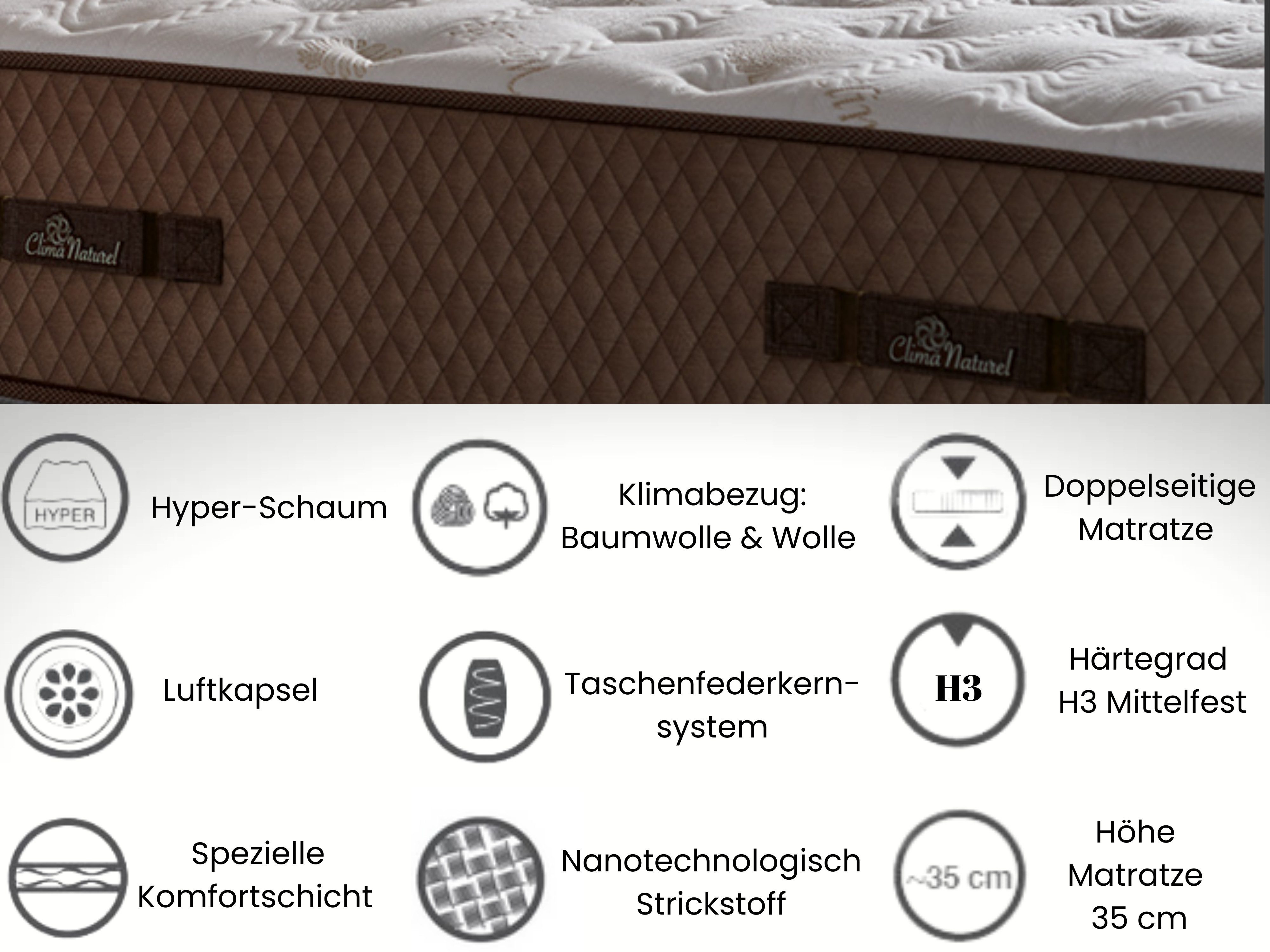 Taschenfederkernmatratze, Bambi Clima Naturel, Doppelseitige Matratze, Höhe 35 cm, H3 Mittel, BAMBI YATAK, Hyper-Schaum, Komfortschicht, Doppelseitig, Woll- & Baumwolloberfläche