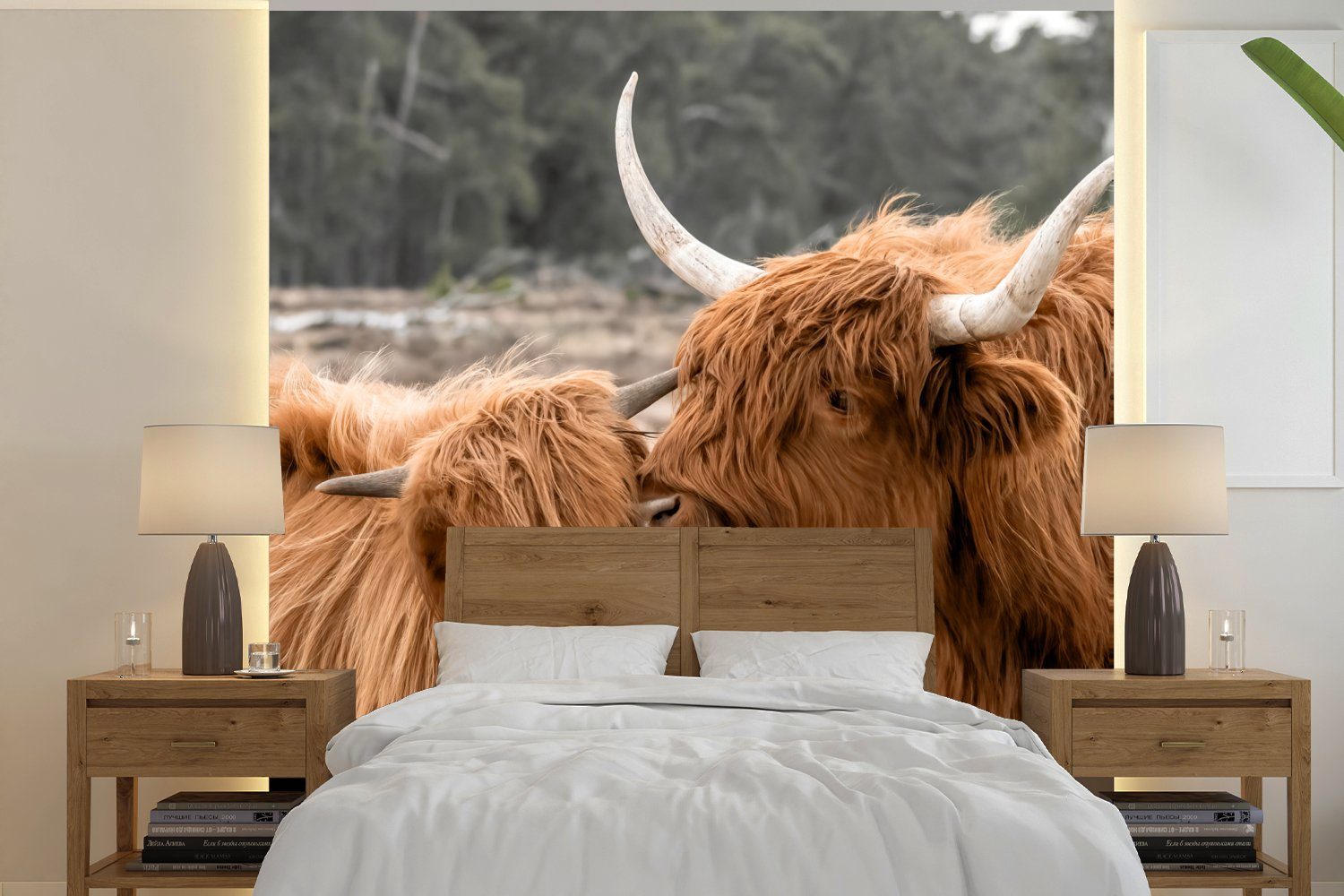 MuchoWow Fototapete Schottischer Highlander - Kuh - Tiere, Matt, bedruckt, (4 St), Vliestapete für Wohnzimmer Schlafzimmer Küche, Fototapete