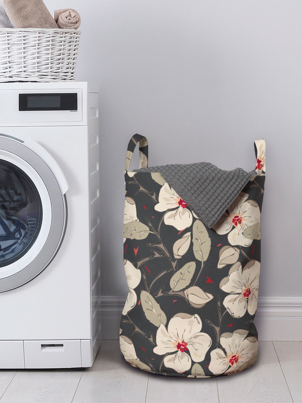 Wäschesäckchen Mohnblu für Waschsalons, Natur Wäschekorb mit Blumen Abakuhaus Kordelzugverschluss Griffen