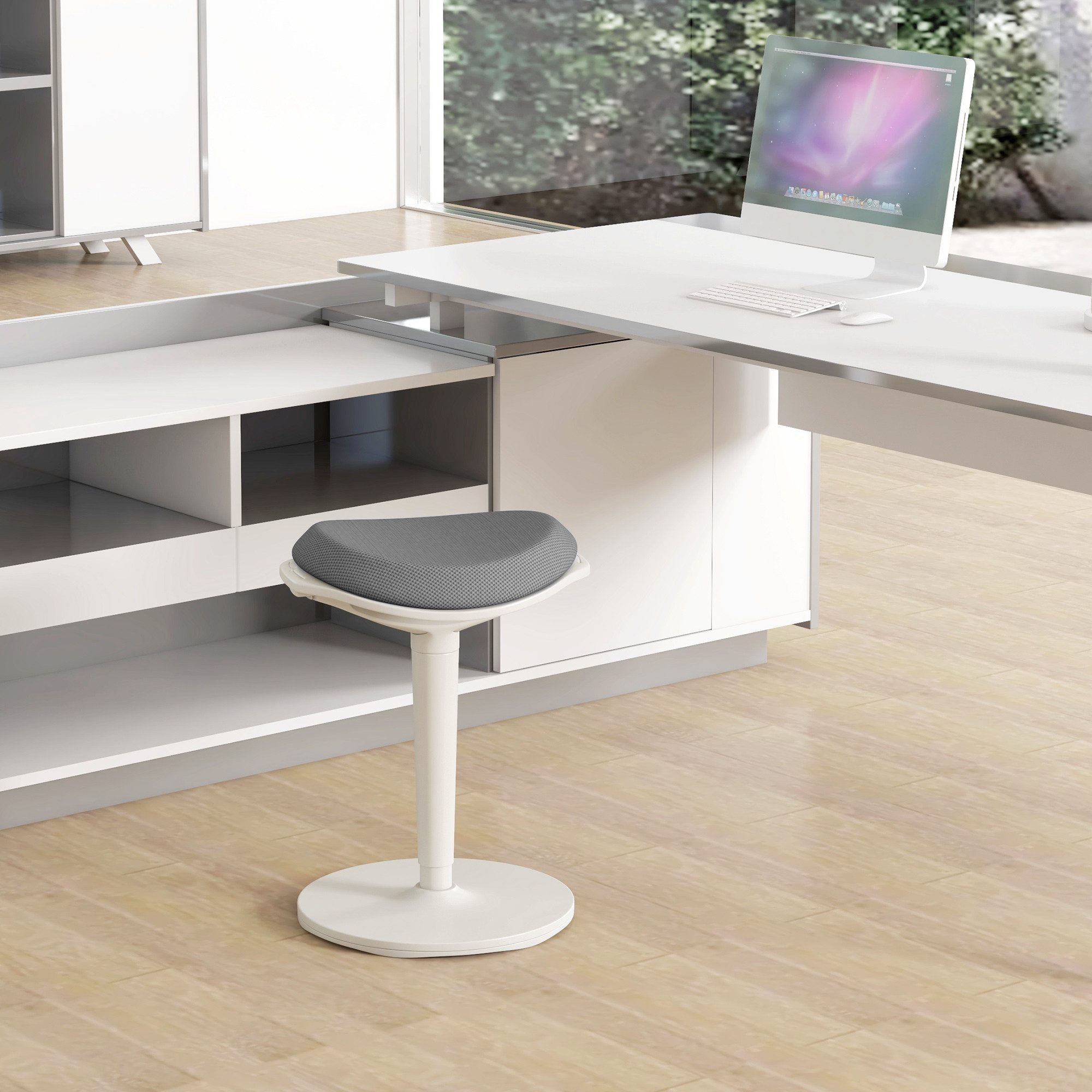 HOMCOM Schreibtischstuhl Sitzhocker, Bürohocker, 56,5-71,5 cm höhenverstellbar (Drehstuhl, 1 St), für Büro, Arbeitszimmer, Mesh, Grau