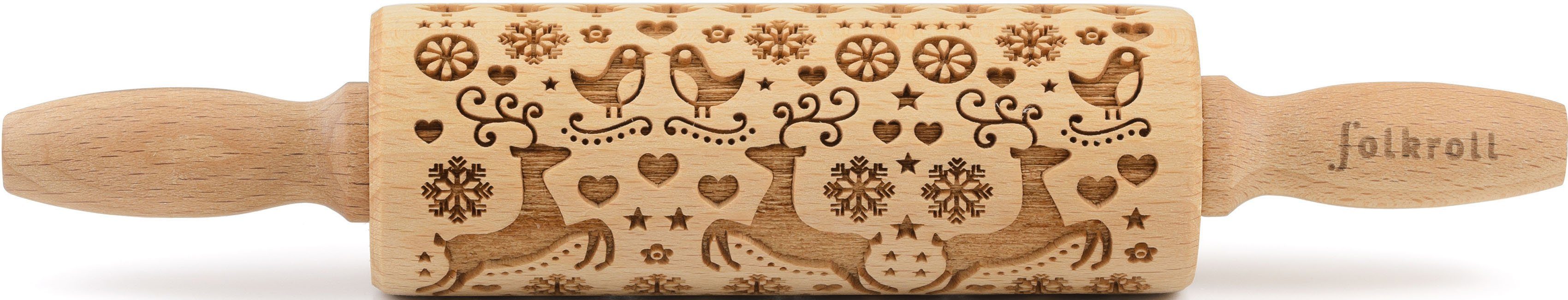 folkroll Teigroller 3D-Motiv-Teigrolle Massivholz, Rentier