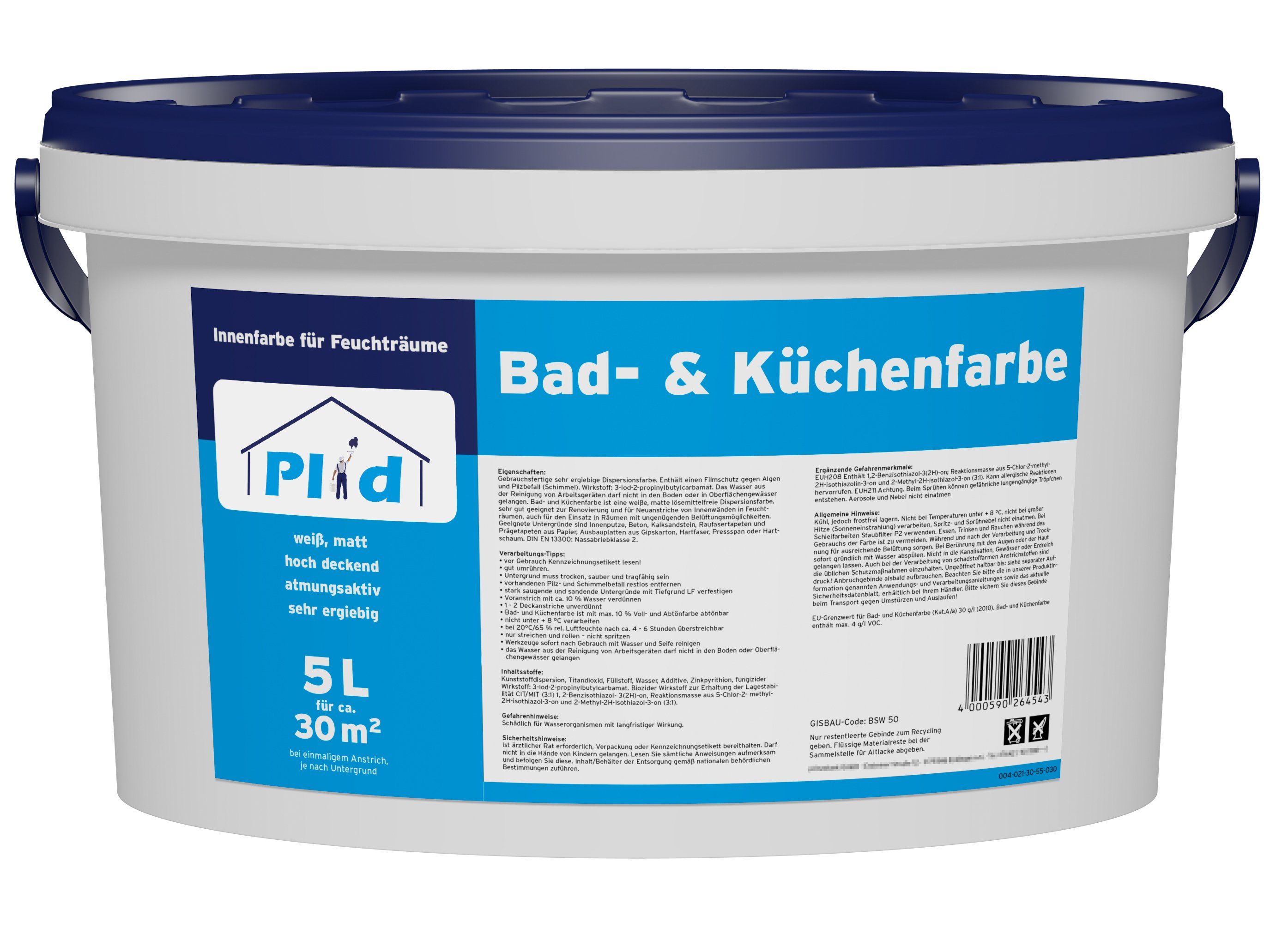 plid Feuchtraumfarbe Bad & Küchenfarbe Badfarbe Küchenfarbe Feuchtraumfarbe Wandfarbe, Schnelltrocknend, Spritzarm, Verarbeitungsfertig