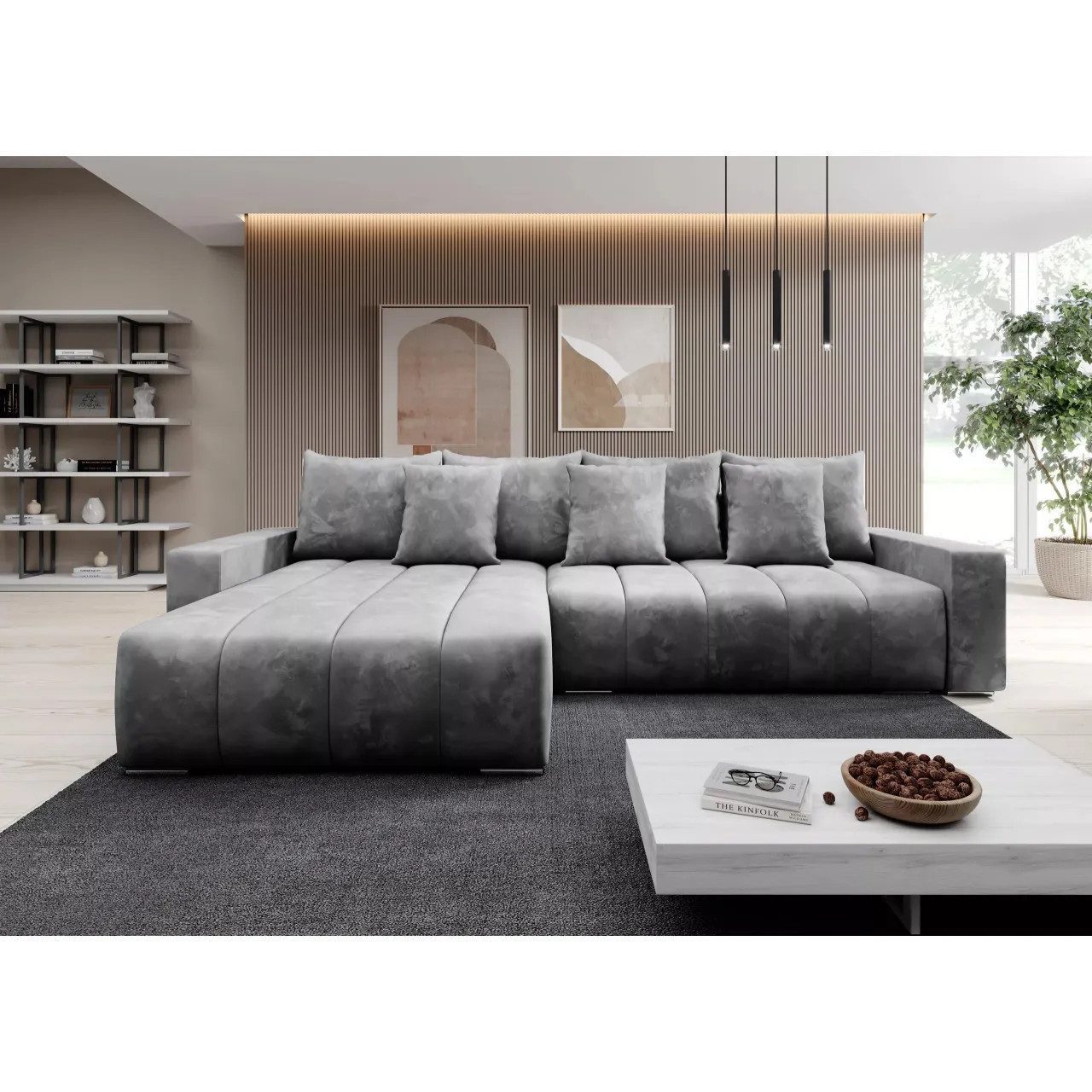 Muffo Ecksofa PIANO, elegante vertikale Nähte, Bettzeugablage, Schlaffunktion 234x137, Lose Rückenkissen