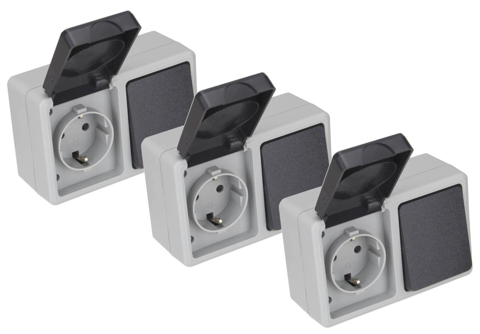 ETT Marketing GmbH Aufputz-Steckdose 3er Set TAFF Feuchtraum Kombination Steckdose Schalter horizontal IP44