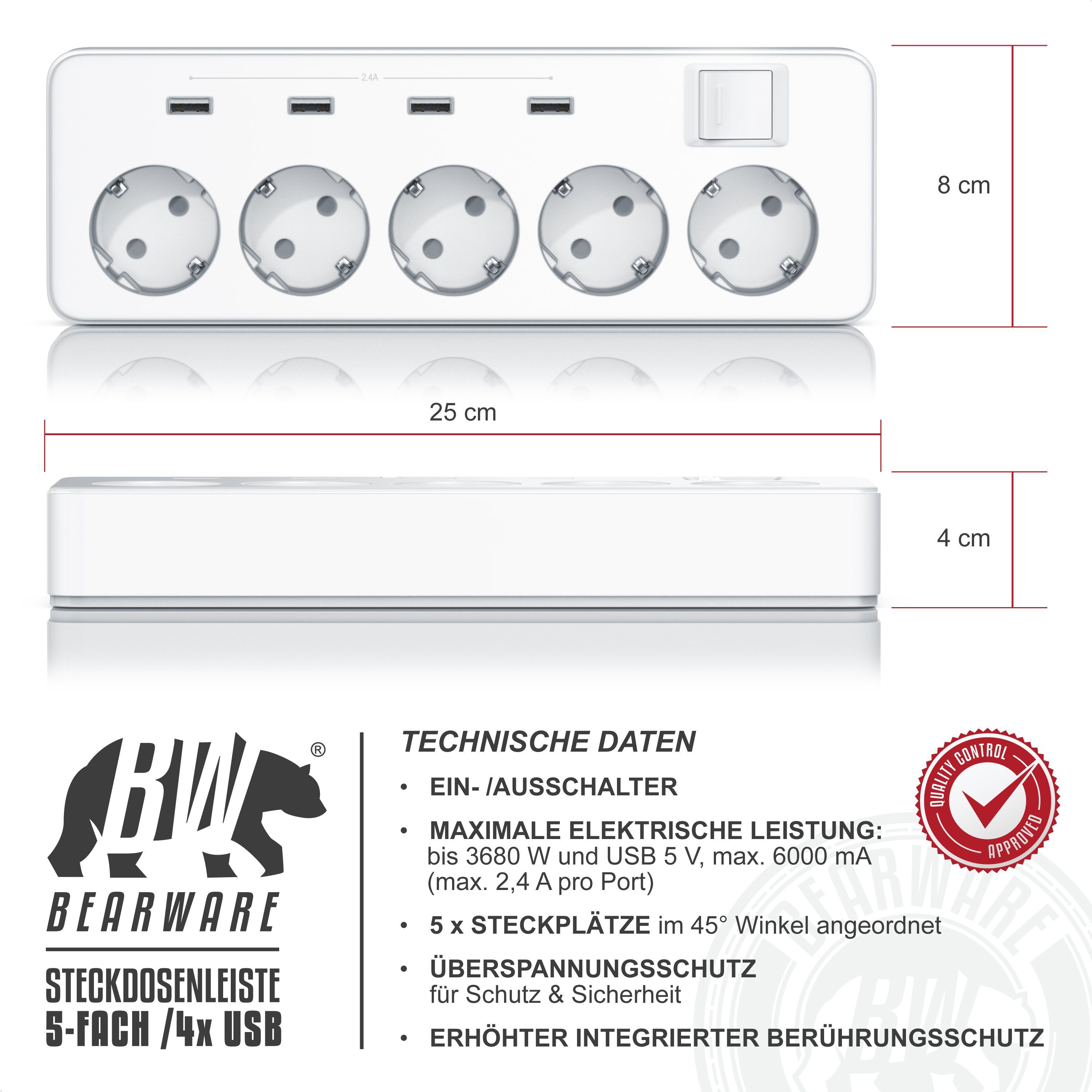 BEARWARE Steckdosenleiste mit USB-Ladevorrichtung - 4x USB-Ports Steckdosenleiste 5-fach (Ein- / Ausschalter, USB-Anschlüsse, Kindersicherung, Schutzkontaktstecker, Überspannungsschutz, Kabellänge 1,50 m), inkl. Kabelbox mit Gummifüßen Kabelmanagement / Kabelordner / Ladebox