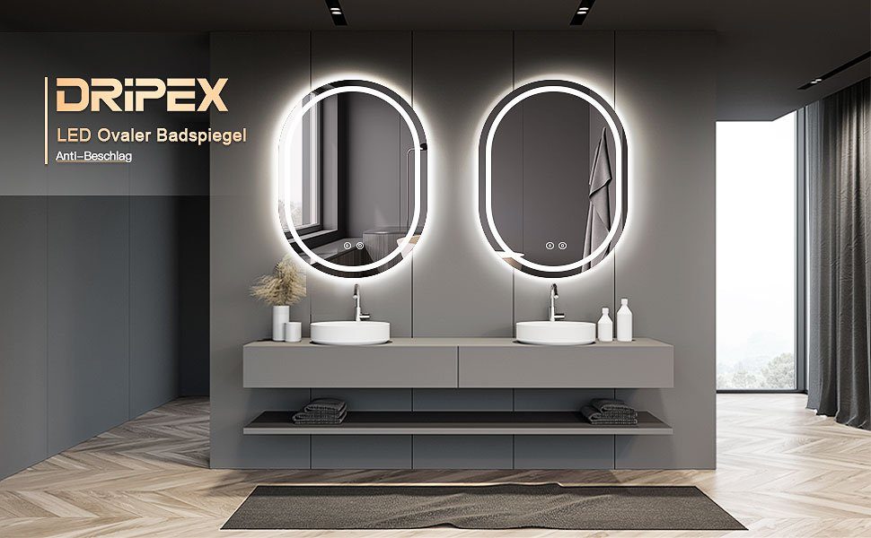 Dripex Badspiegel LED Oval Spiegel, Beschlagfrei Badezimmerspiegel, Wandspi günstig online kaufen