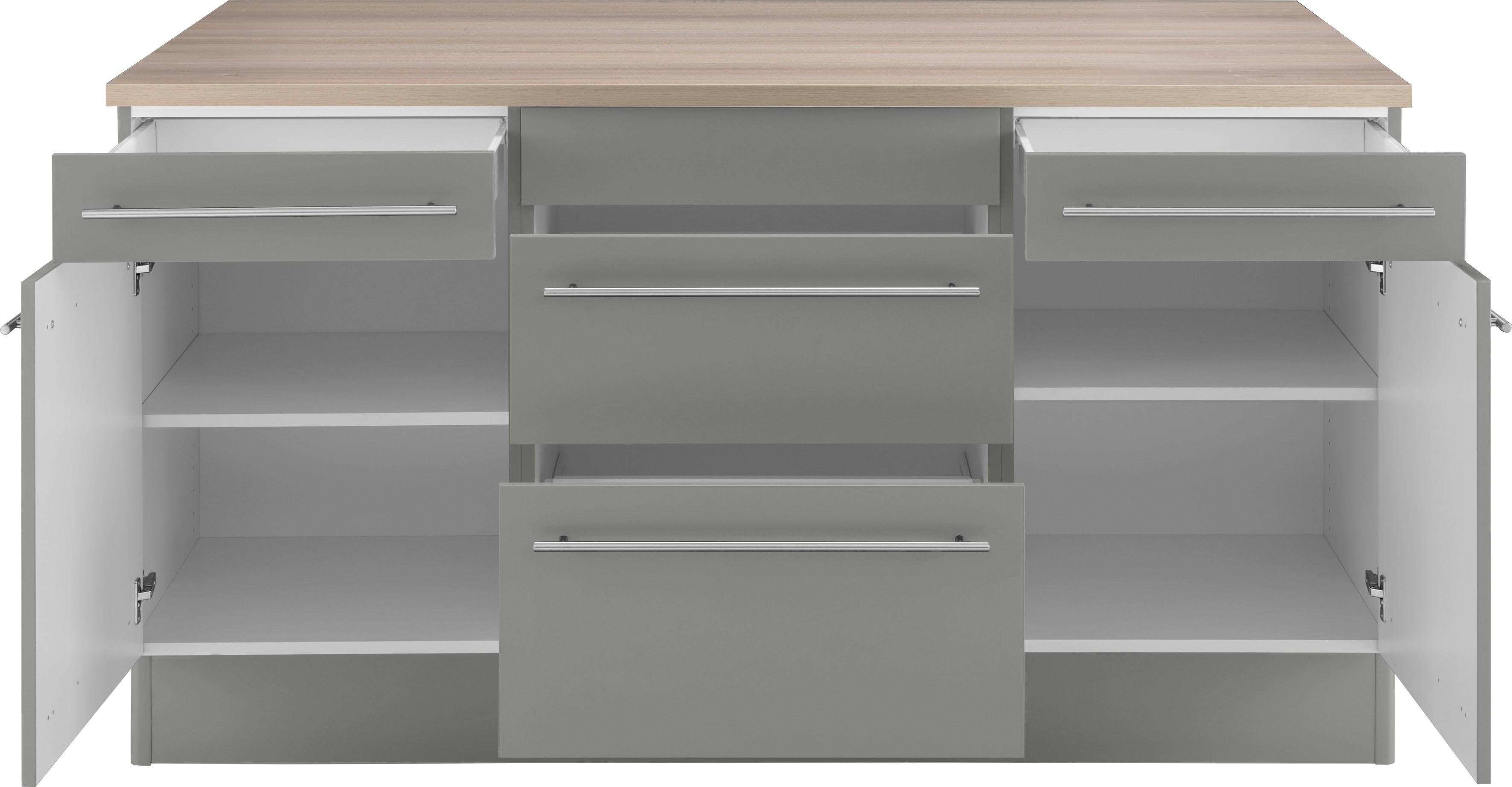 Kücheninsel basaltgrau/basaltgrau-akaziefarben Metallgriffen Bern, cm mit Füßen, 160x95 OPTIFIT Stellbreite mit höhenverstellbaren