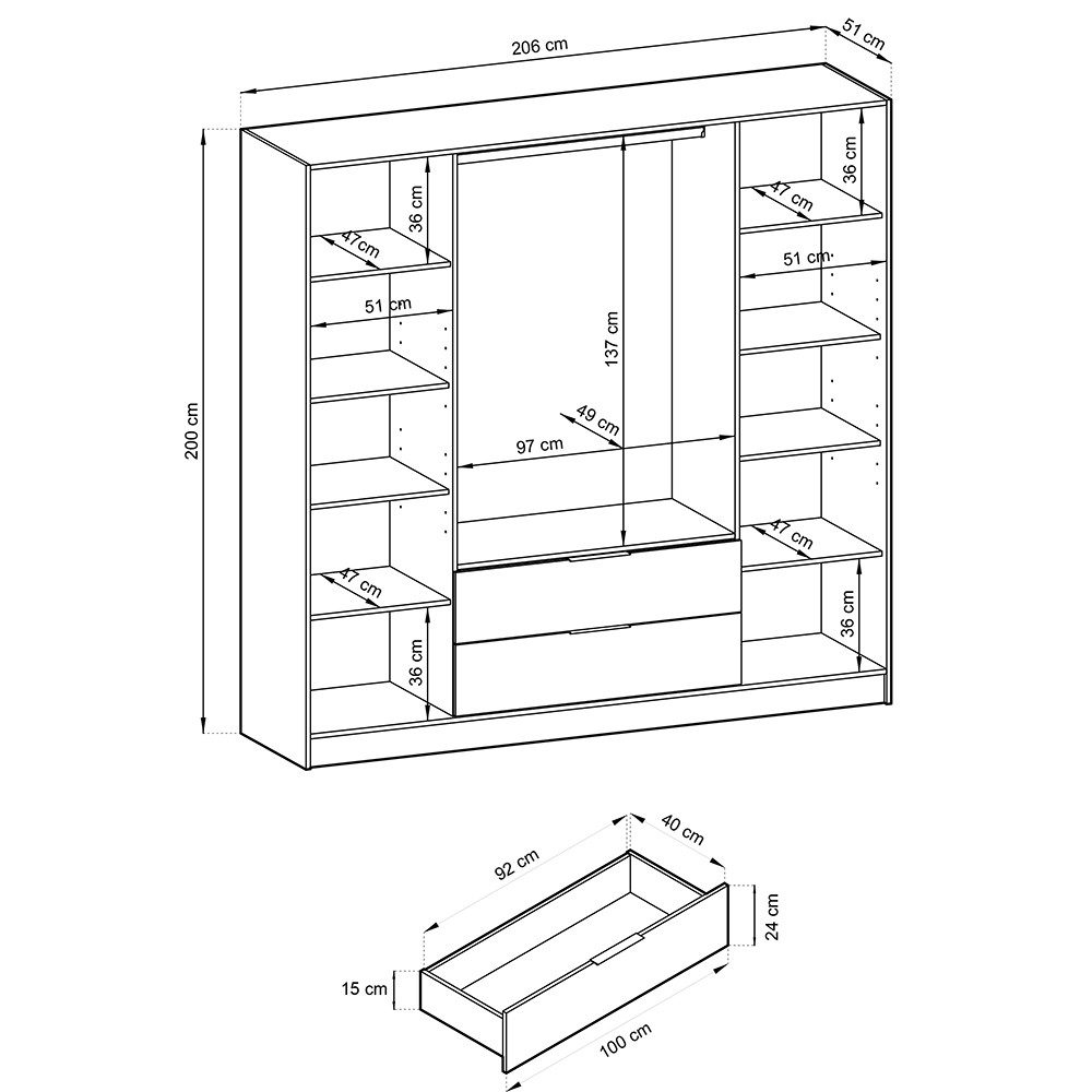 Lomadox Kleiderschrank KNOCK-160 in schwarz, 4 Türen, 2 Schubkästen, 206 cm breit – Bild 5 von 5