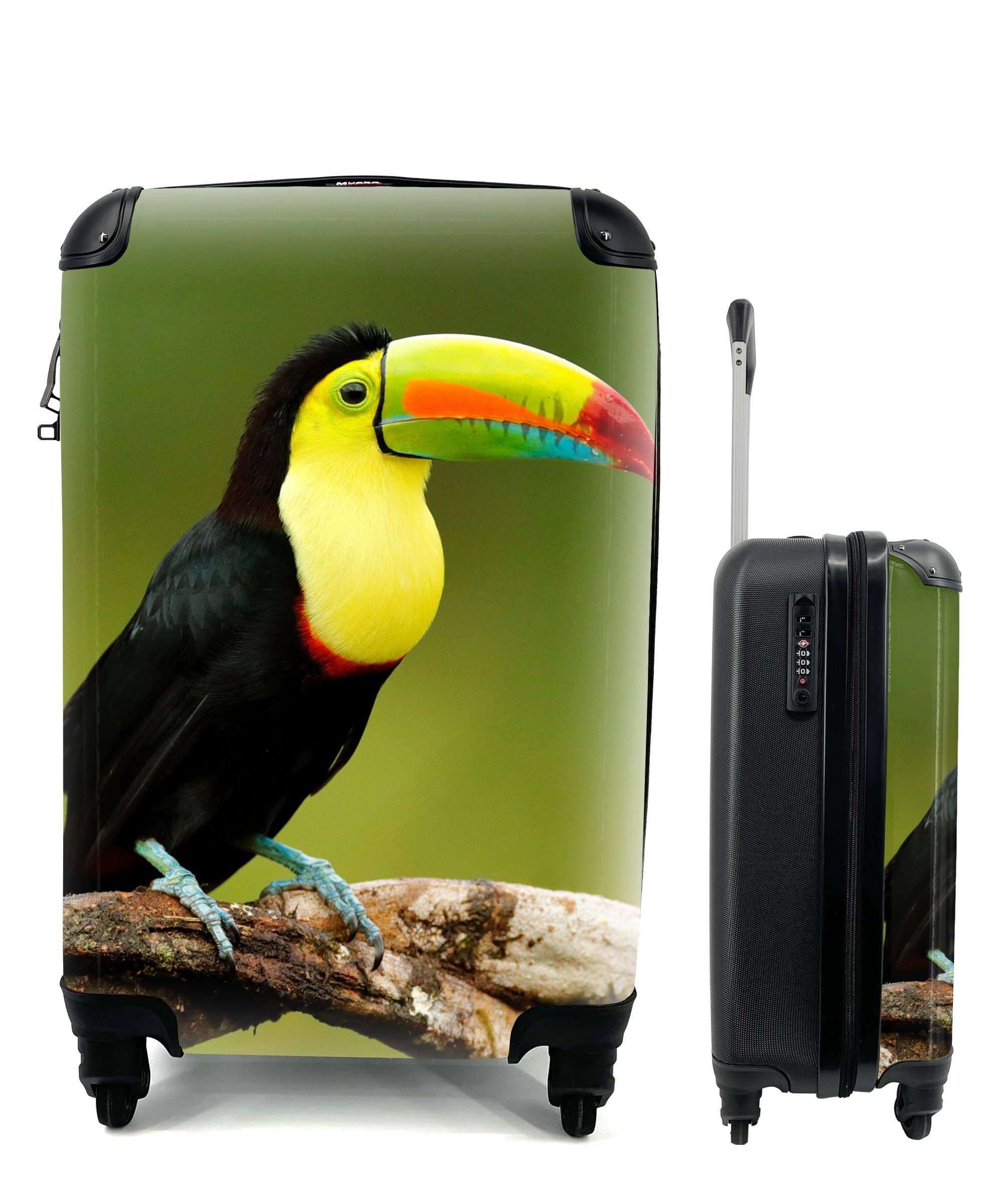 MuchoWow Handgepäckkoffer Vogel - mit Regenbogen Handgepäck Tukan rollen, - Zweig, 4 Reisetasche - Reisekoffer Trolley, Grün Rollen, - für Ferien