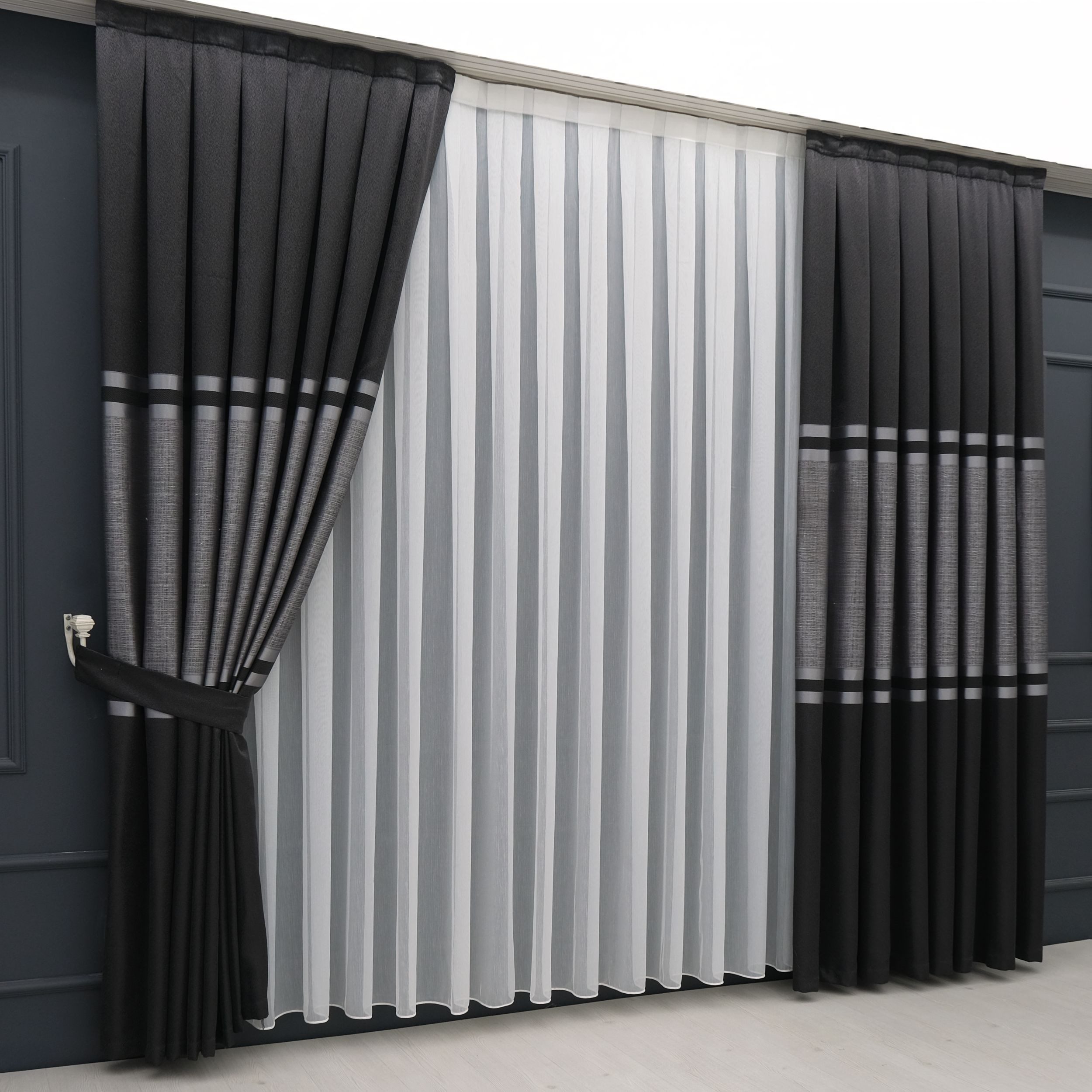 Gardinen by Justyna Vorhang Vorhang Komplett-Set Vorhang Schwarz Grau – Falten mit Store (5 St), Kräuselband, halbtransparent, Fertiggardine, Halbtransparent, F – Bild 5 von 5