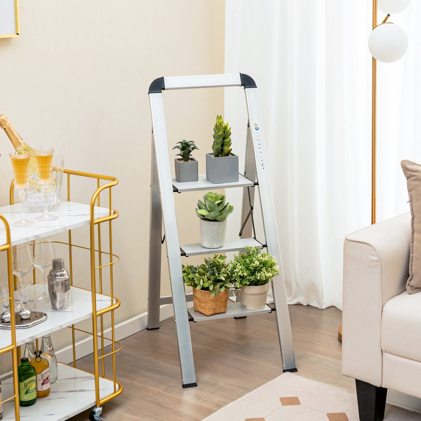 COSTWAY Trittleiter, 3 Stufen bis 150 kg, klappbar rutschfest, aus Aluminium