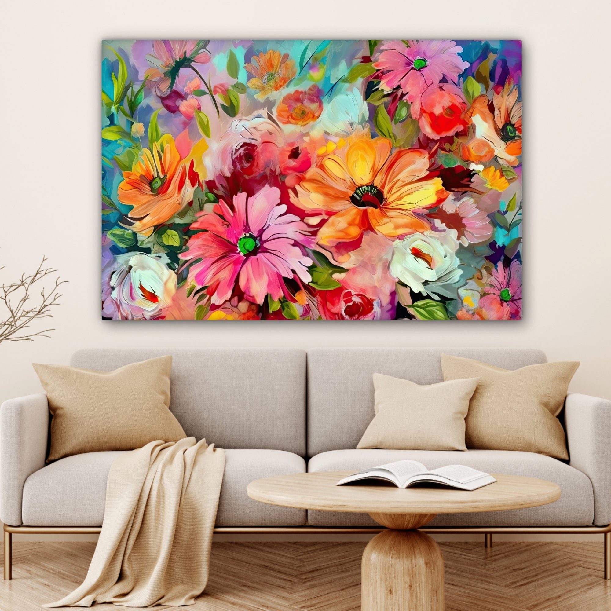 OneMillionCanvasses® Leinwandbild Blumen großes, - XXL, - Wohnbereiche, 120x80 für Wandbild Ölgemälde, cm St), Kunst Farbenfroh (1 alle - Gemälde