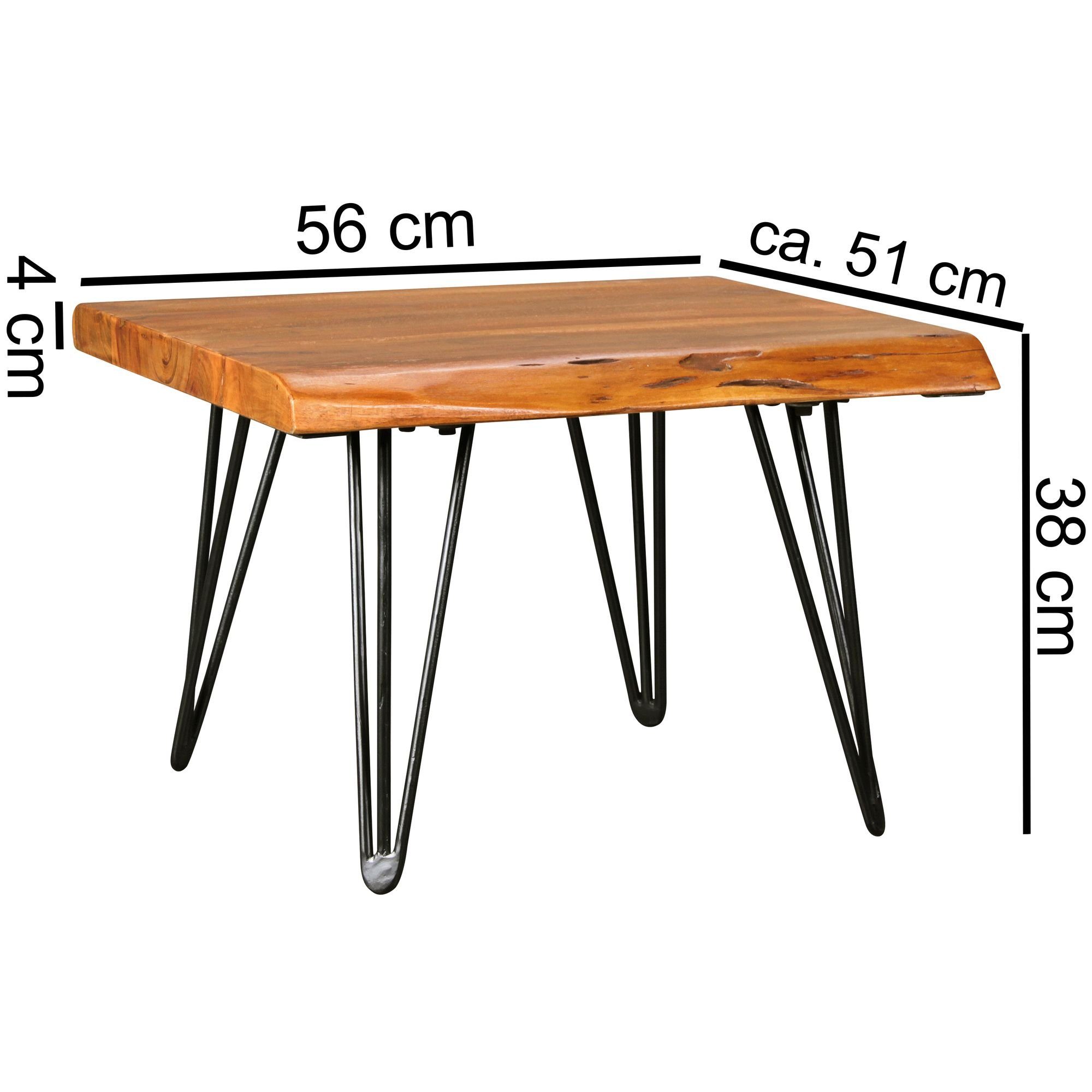 Wohnling Couchtisch WL5.204 x Sofatisch Sheesham Haarnadelbeine Kleiner x 56 Wohnzimmertisch, Tisch 38 Baumkante 51cm), (Massivholz