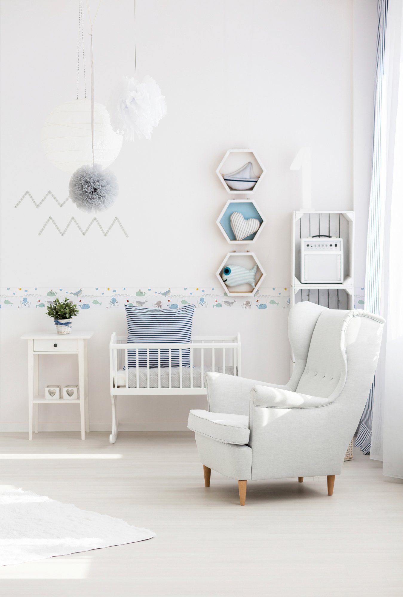 A.S. Création Bordüre Ocean Party, glatt, Motiv, abstrakt, naturalistisch, Tapete Kinder Bordüre Wale Fische Borte Wohnzimmer Design Kinderzimmer